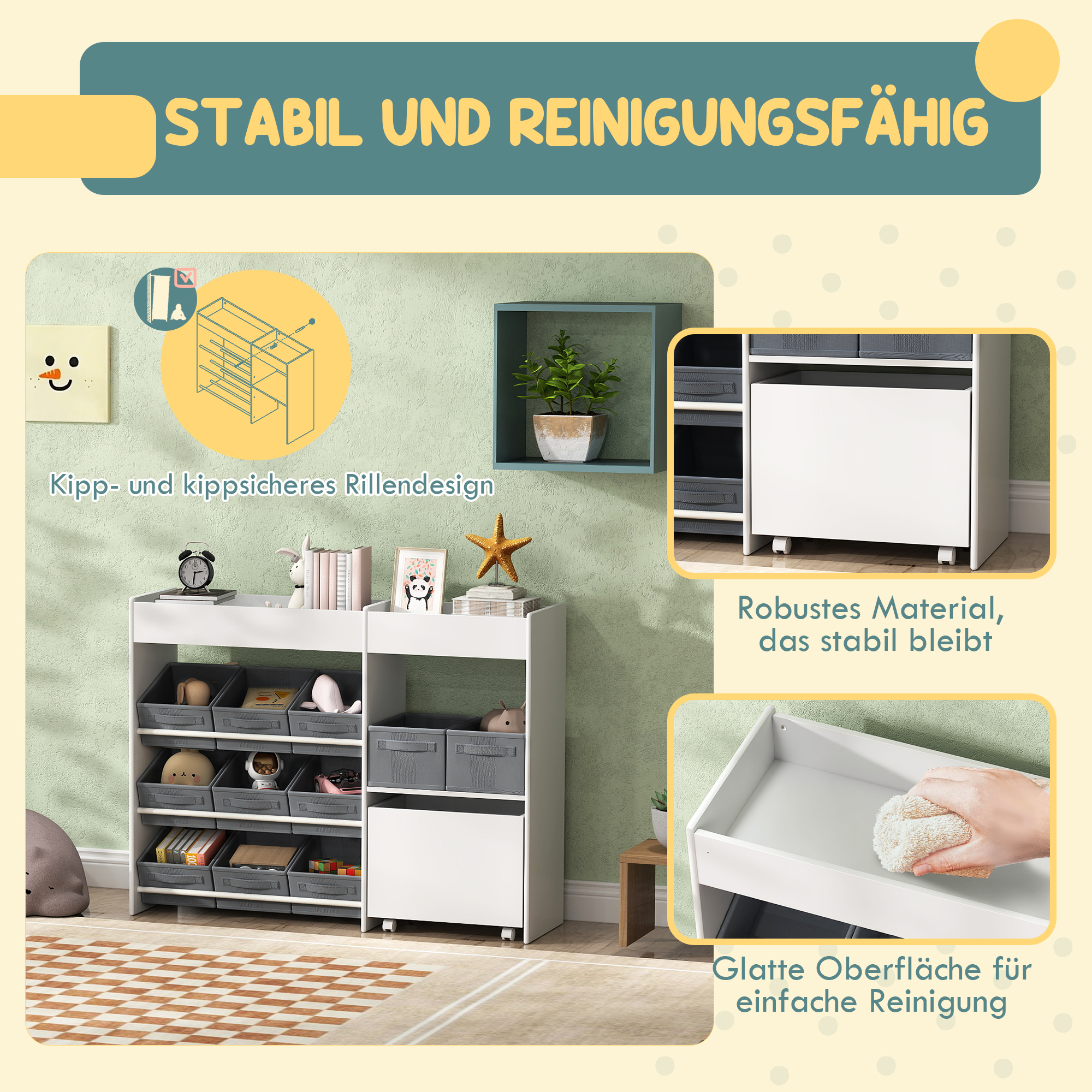 Kinder-Aufbewahrungsregal, Spielzeugschrank für Kinder mit 11 Stoffboxen, oberen Fächern, 3 Stickern, Weiß