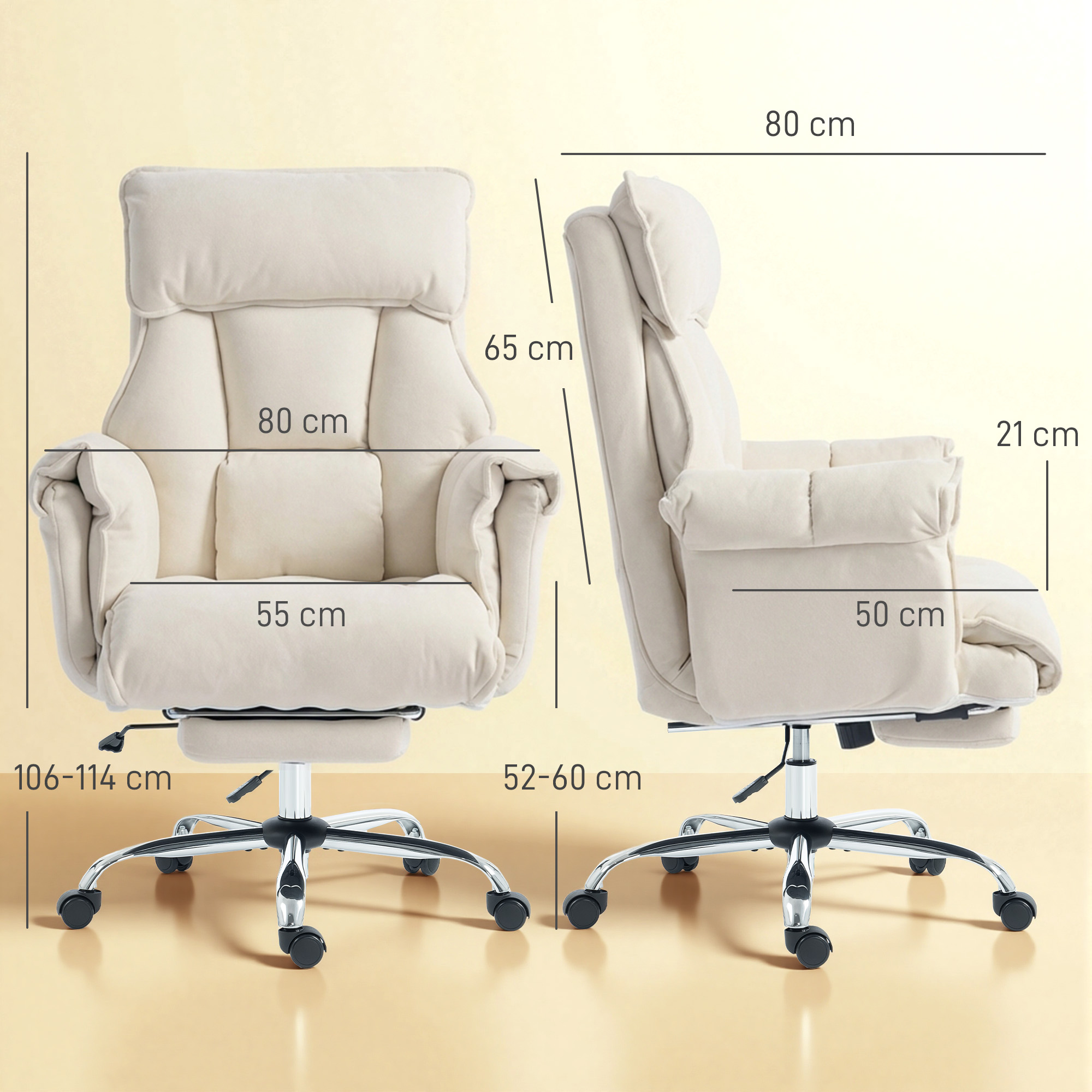 Bürostuhl Höhenverstellbarer Drehstuhl mit Lendenwirbelstütze, Fußstütze, Schneeflanell, 80 x 80 x 106-114 cm Cremeweiß