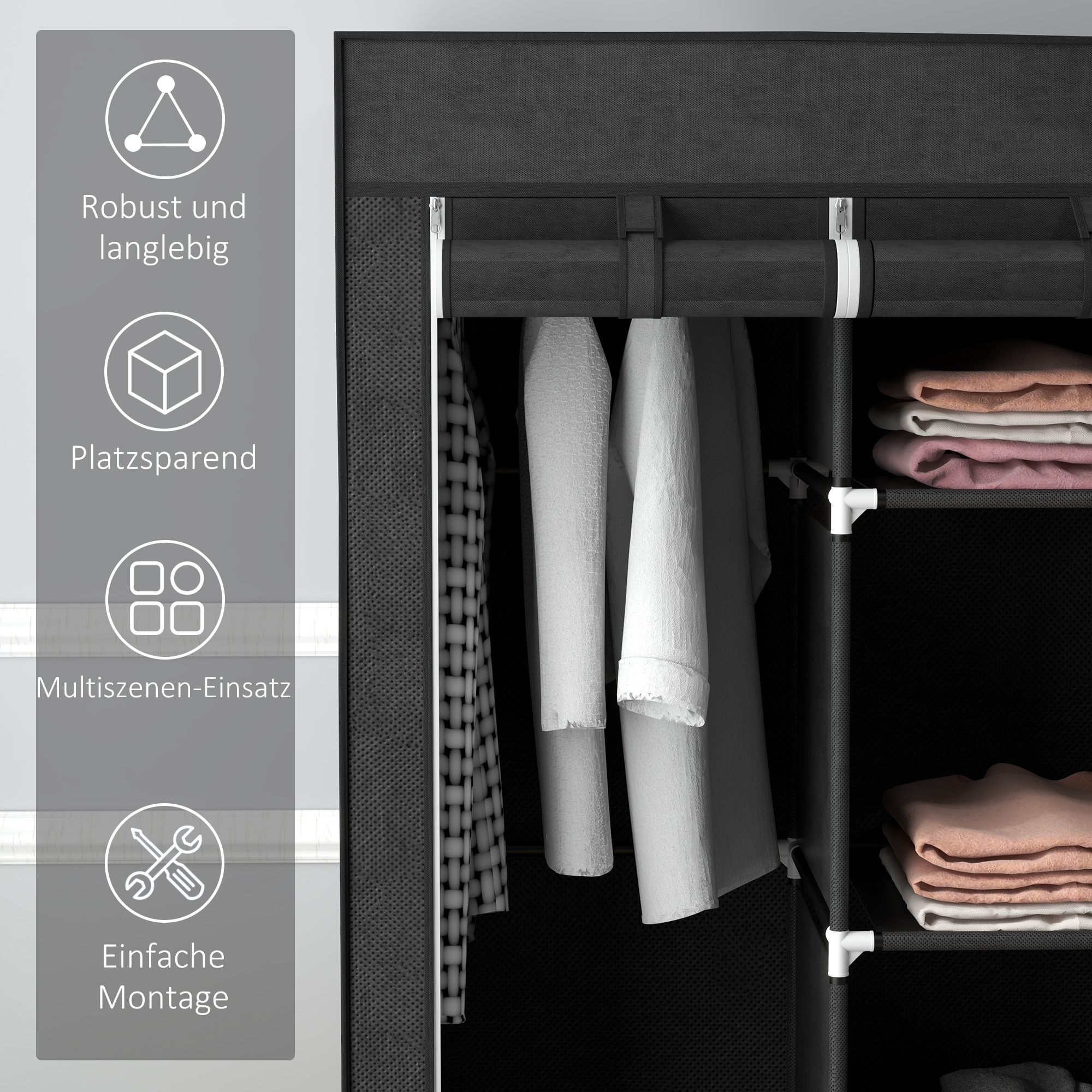 Stoffschrank aus Vlies, Faltschrank, inkl, 3 Schubladen, 125 cm x 43 cm x 162,5 cm, Schwarz