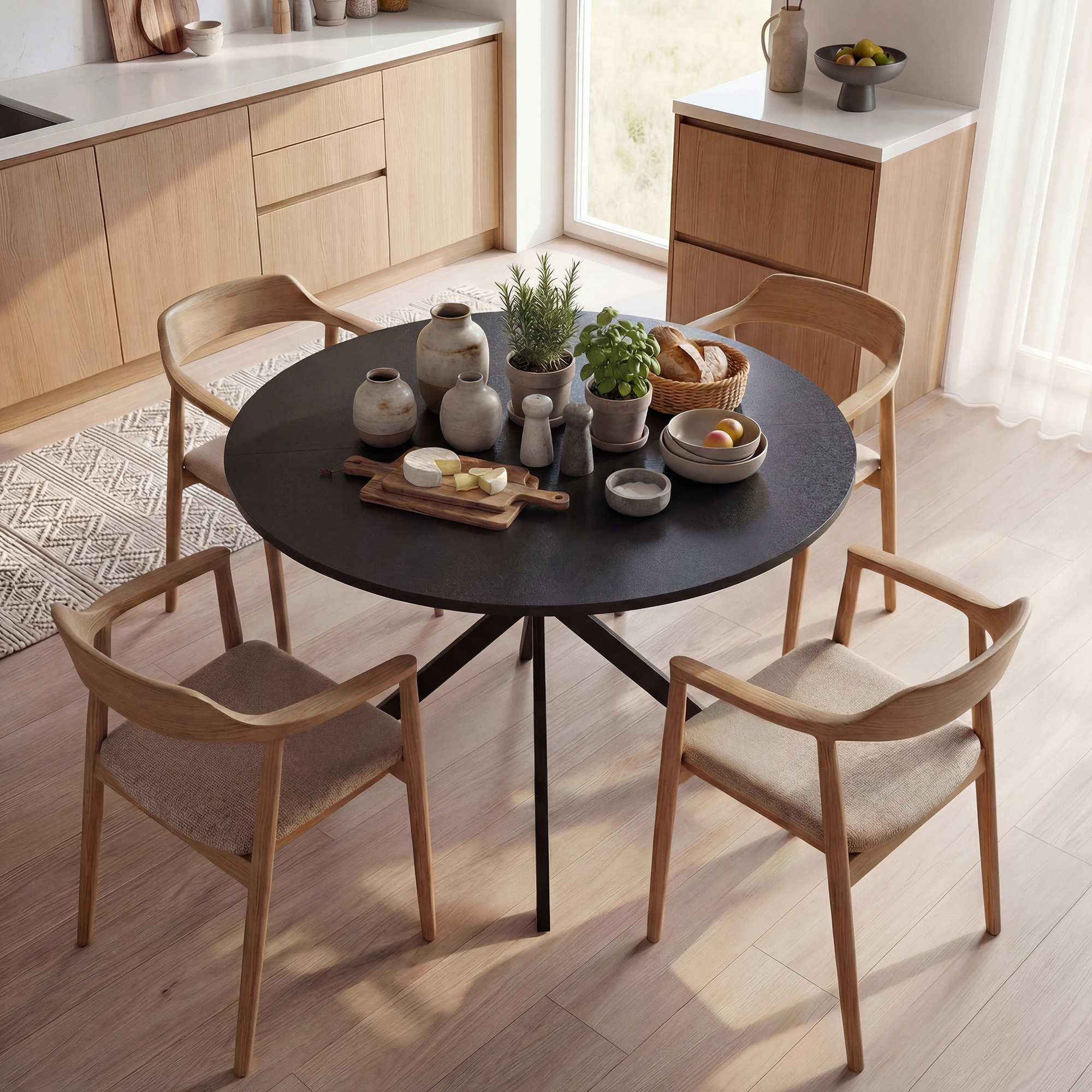 Runder Esstisch für 4 Personen, Küchentisch im Industriestil mit Stahlbeinen, für Esszimmer, Küche, Schwarz