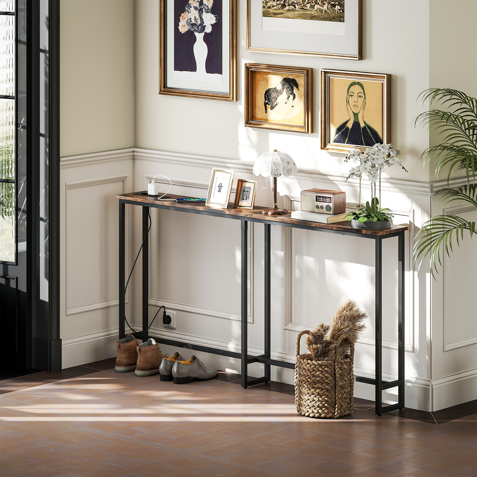 Konsolentisch mit Ladestation, Industriestil, Stahlrahmen, Braun