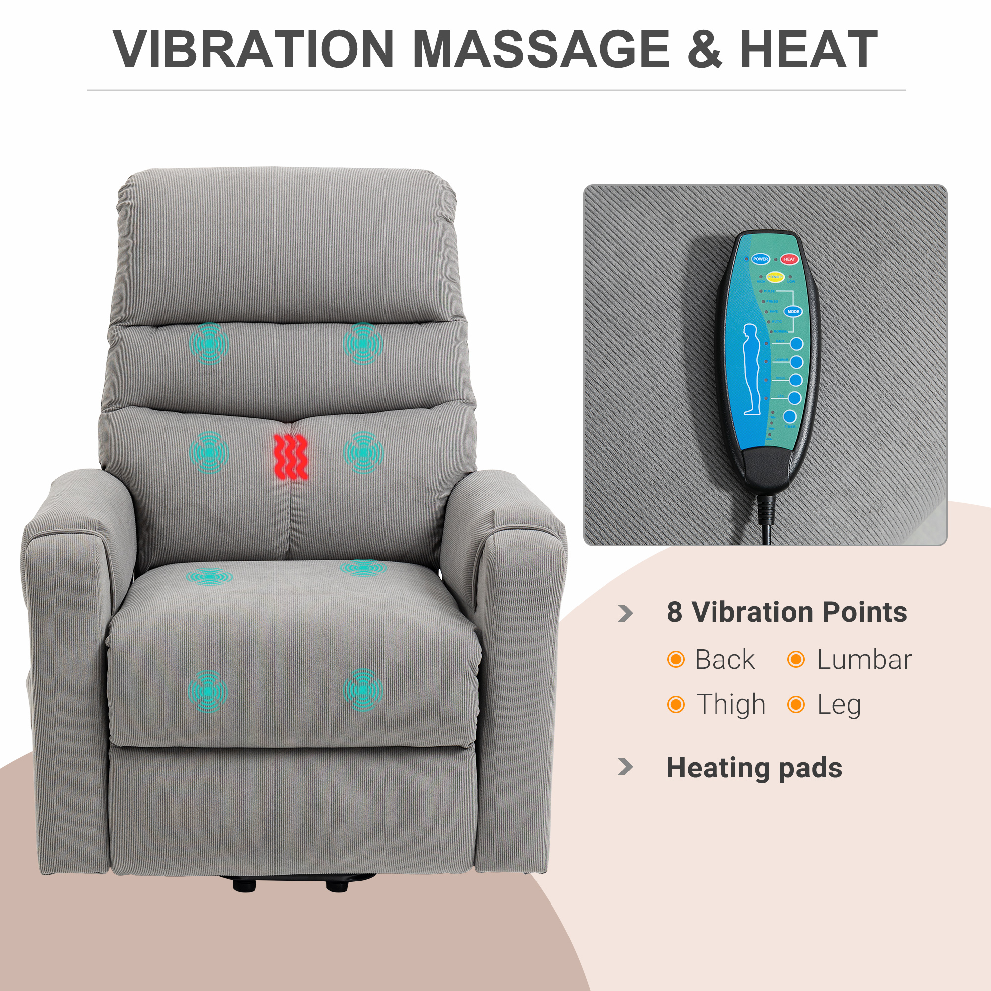 Fernsehsessel mit Aufstehhilfe Elektrisch, Massagesessel mit Liegefunktion und Wärmefunktion, Relaxsessel mit Fernbedienung und Seitentasche Verstellbar Polyester-Gewebe Dunkelgrau