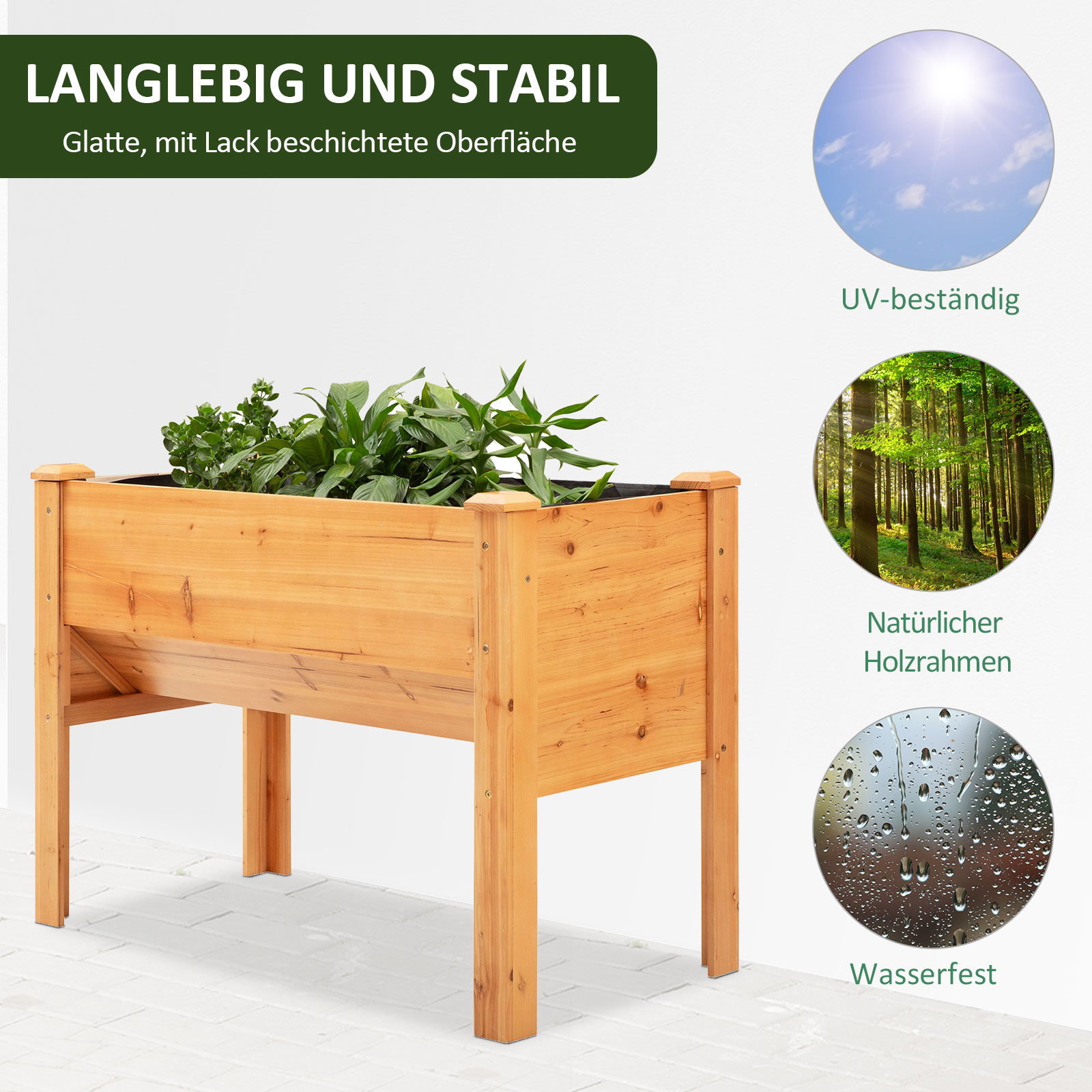 Hochbeet aus Holz Kräuterbeet Pflanzkasten mit Abflussloch Haken Blumenkasten mit Füßen Massivholz Natur 120 x 60 x 81 cm