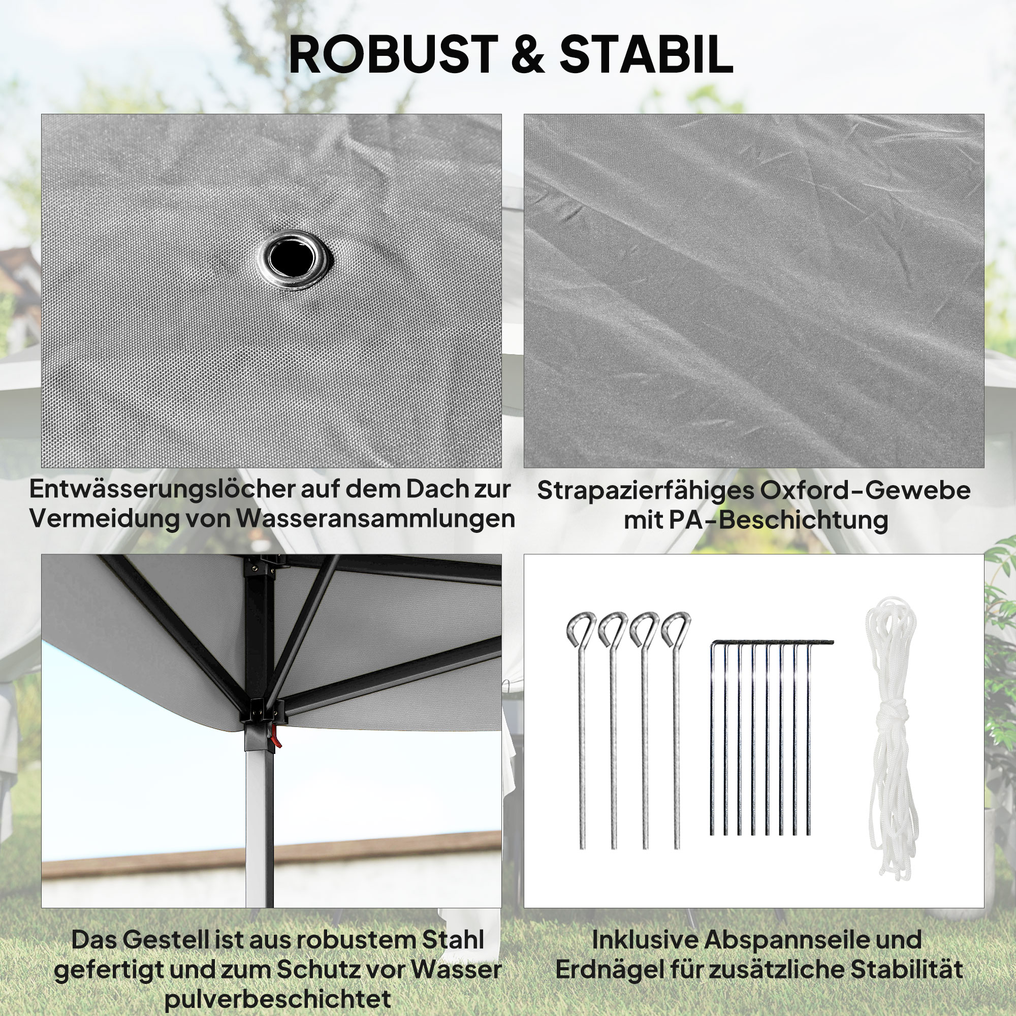 Faltpavillon, Gartenpavillon, Metall und Stoffplane, Netzvorhänge, Entwässerungslöcher, 330L x 330B x 288H cm, Grau