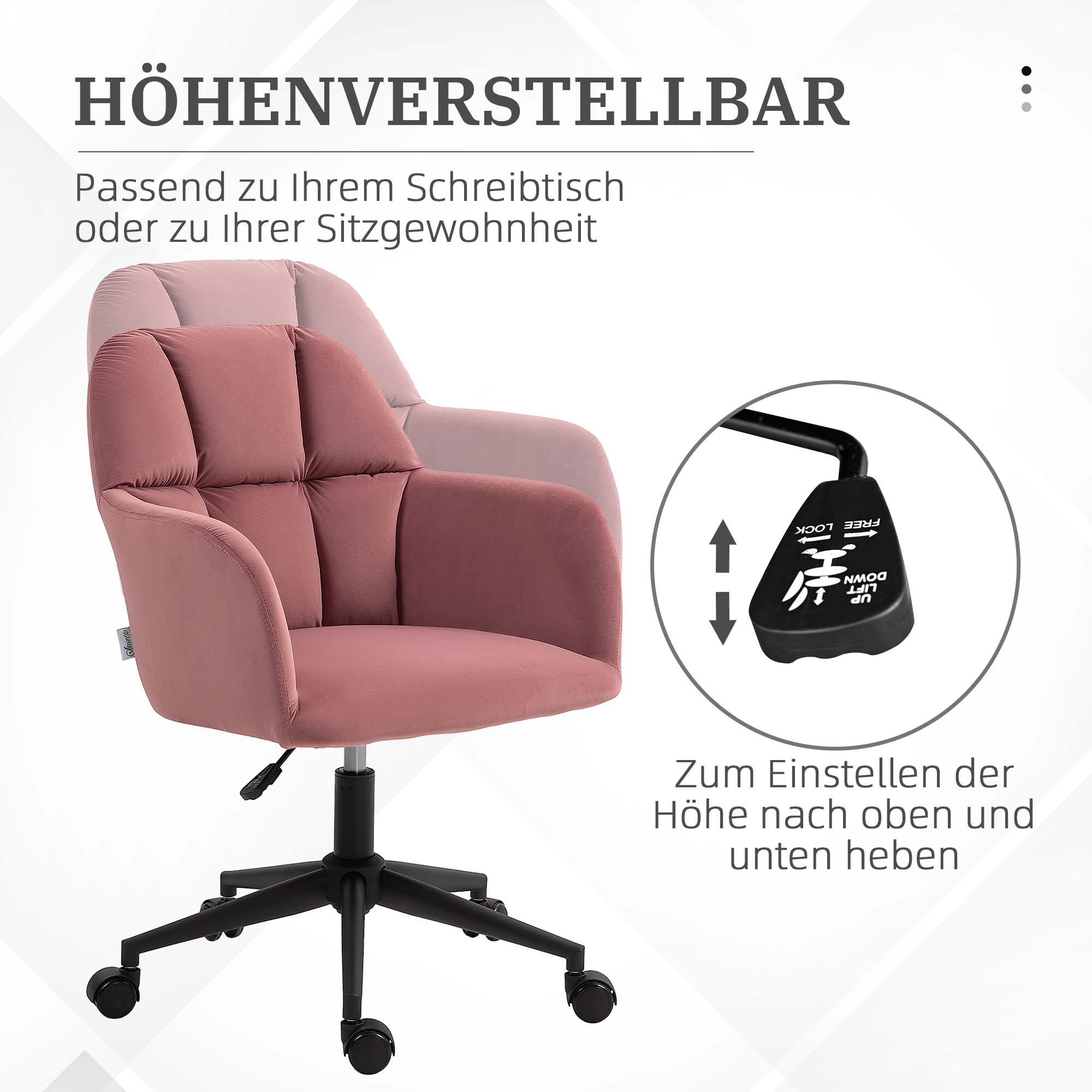 Bürostuhl, ergonomisch, höhenverstellbar, drehbar, Samtoptik, bis 120 kg, Rosa