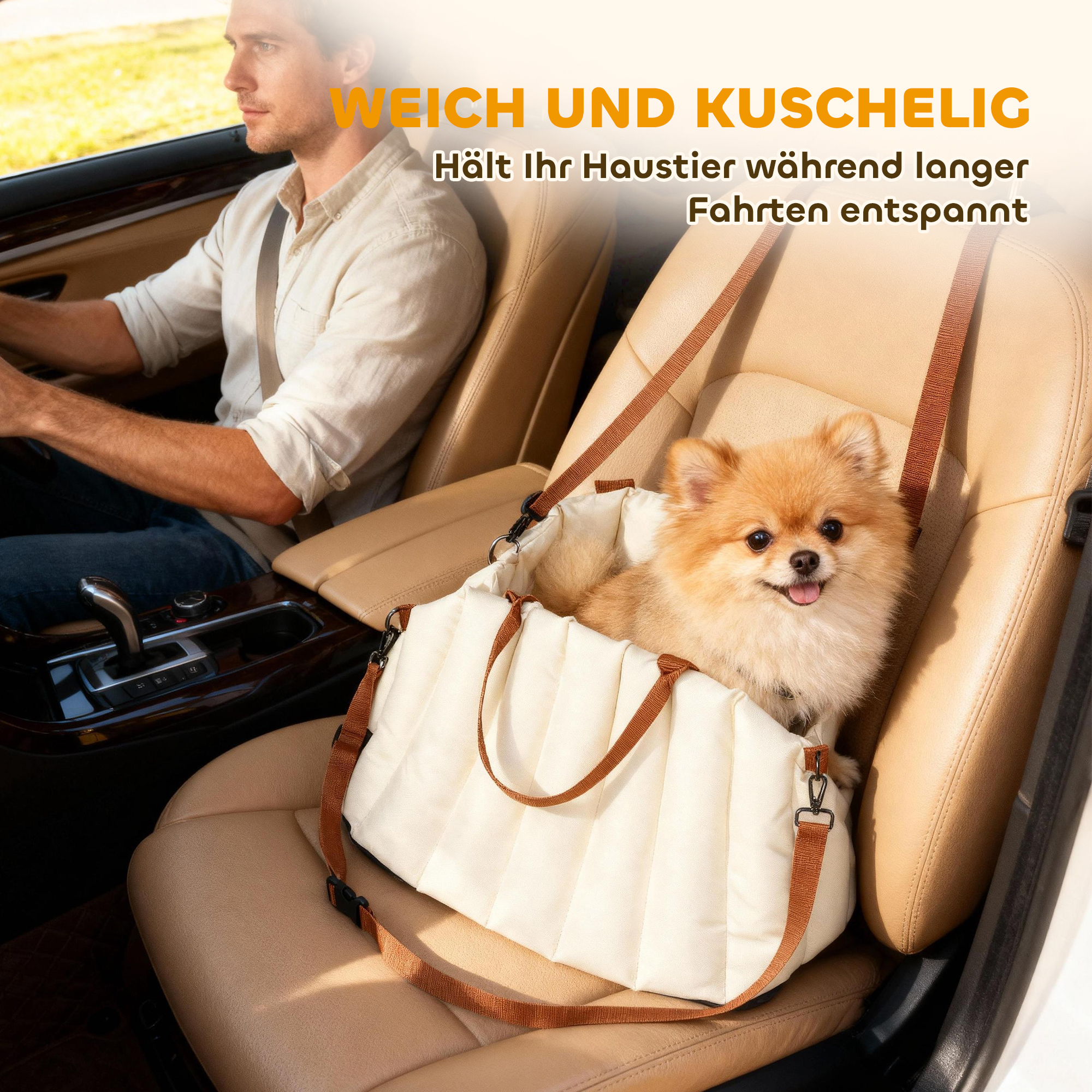 Hundetasche Hundetragetasche für Hunde unter 5 kg, 2 Gurte, Oxford-Stoff, Kissen, Leine, Cremeweiß