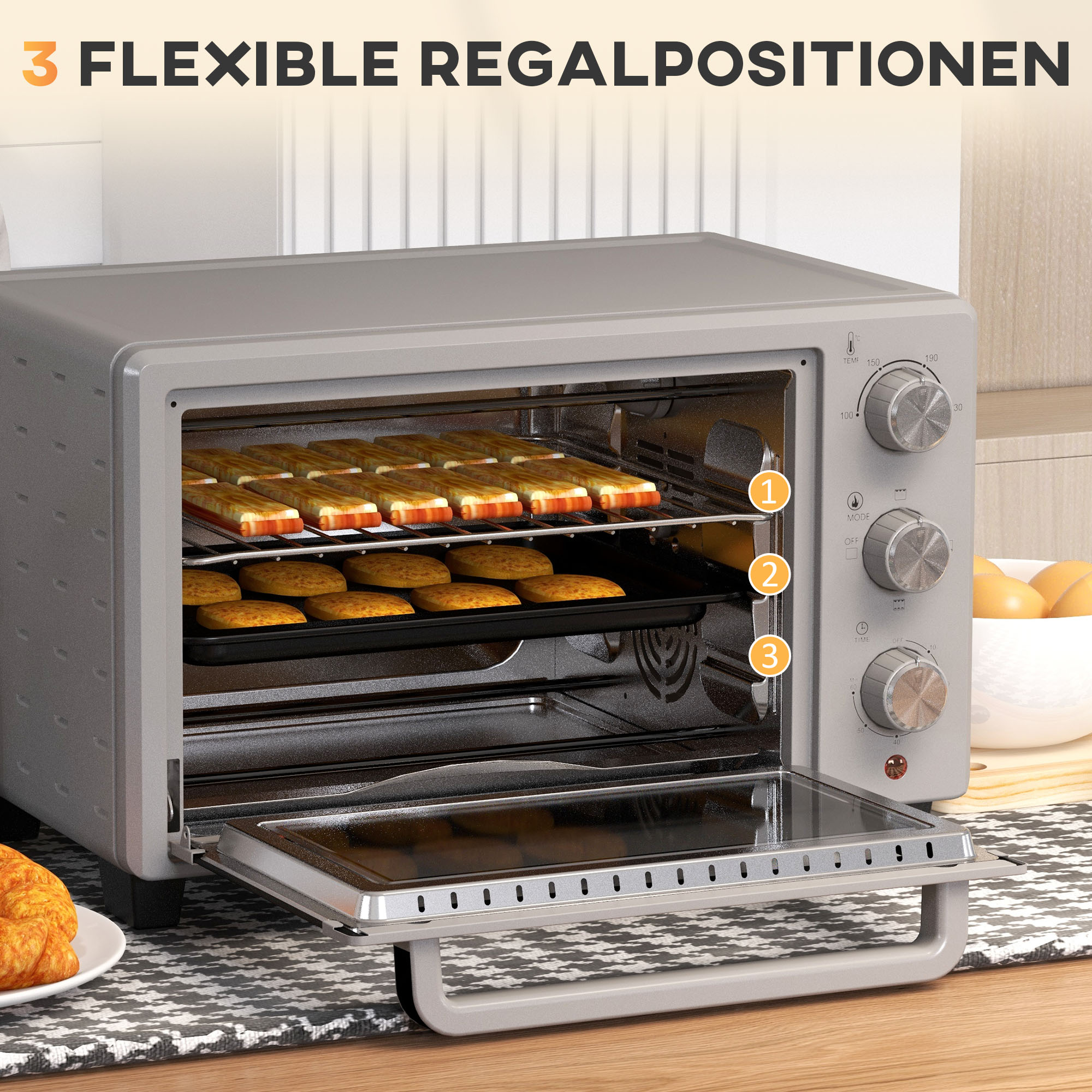Minibackofen, 21 L Toasterofen mit 1 Drahtgestell und 1 Backblech, 3 Kochmodi, 100 °C-230 °C, Edelstahl, Glas, Silber