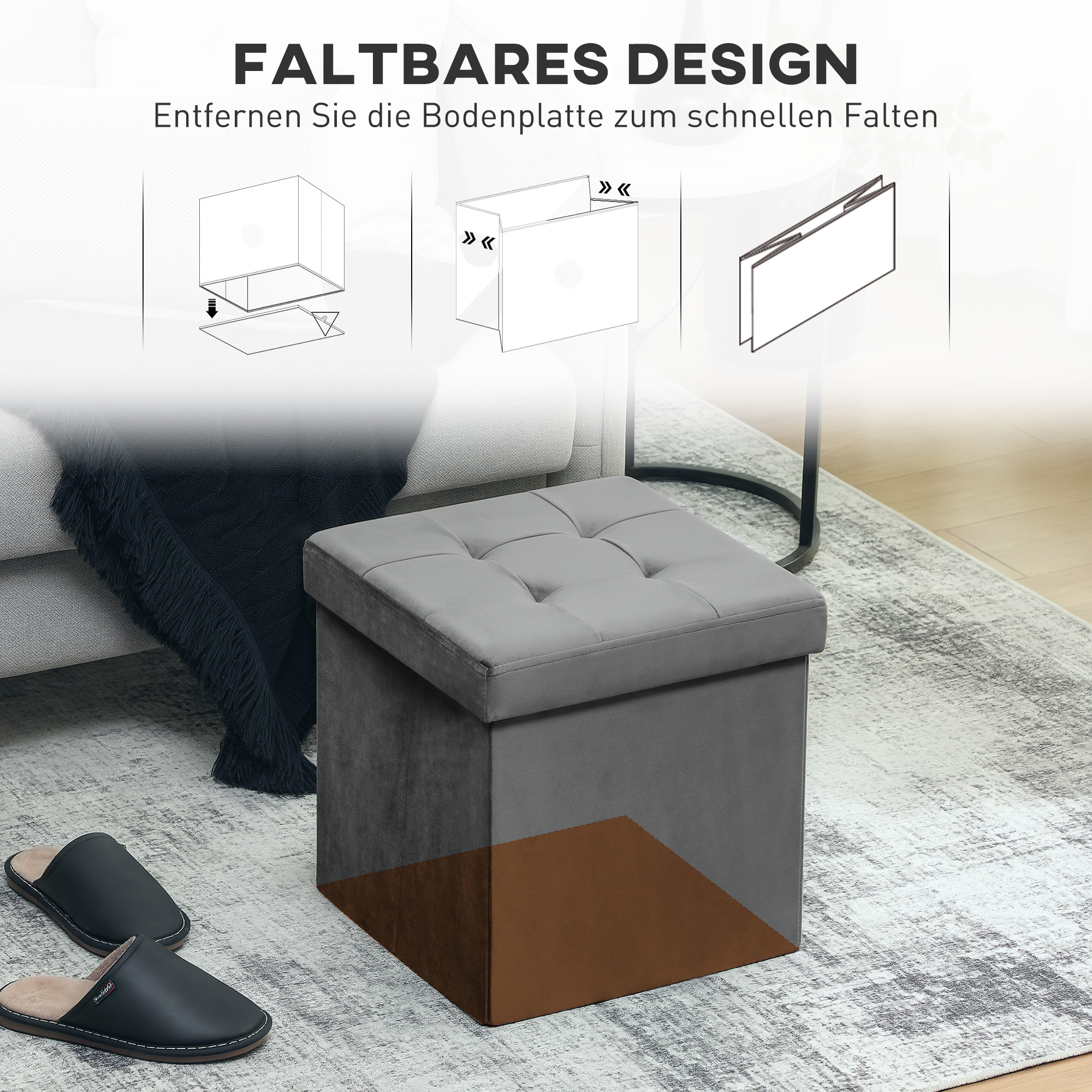 Klappbarer Sitzhocker mit Stauraum, Aufbewahrungsbox, Schaumstoff, MDF, Grau