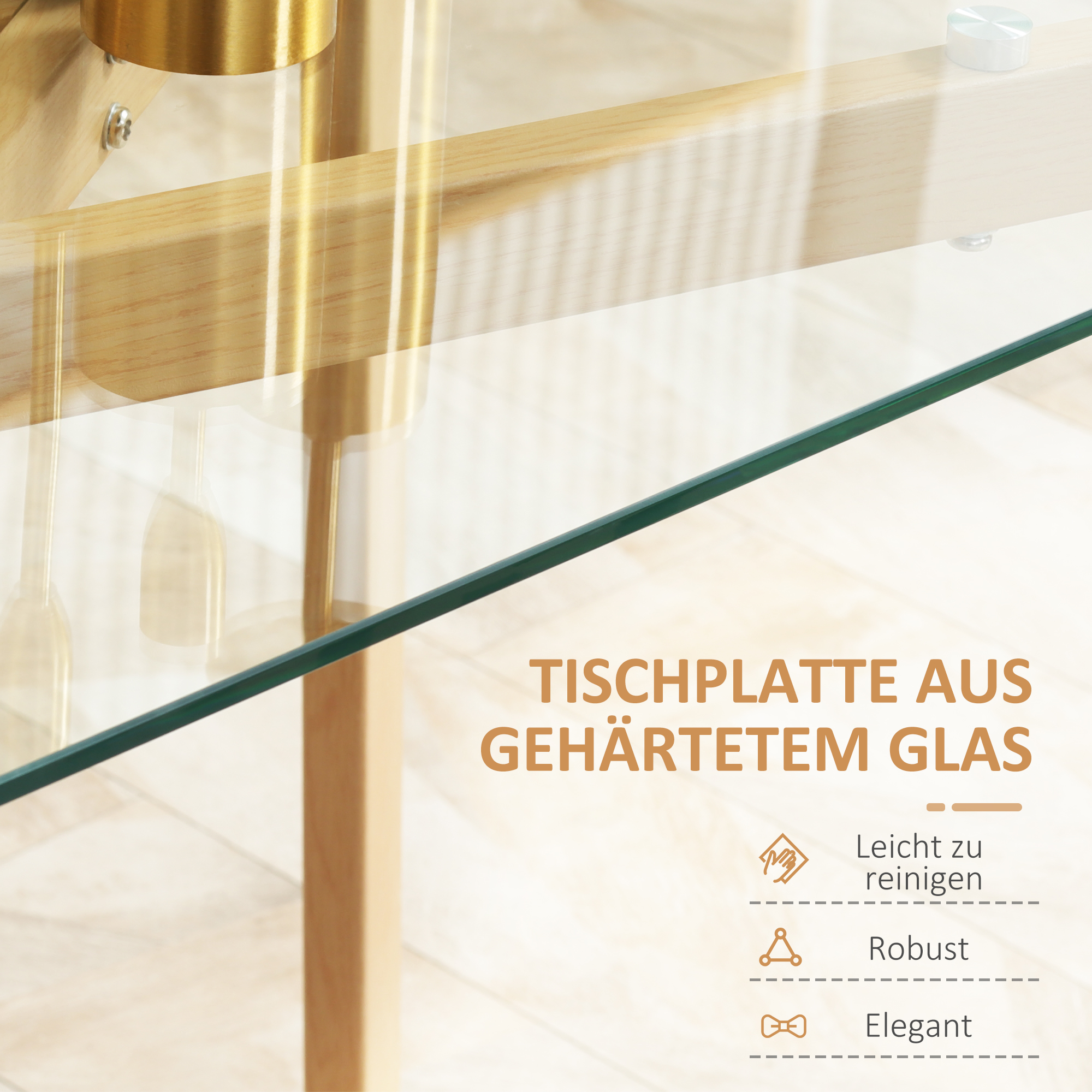 Esstisch für 4 Personen, Glasplatte, Stahlgestell, Holzoptik, 120L x 60B x 76H cm