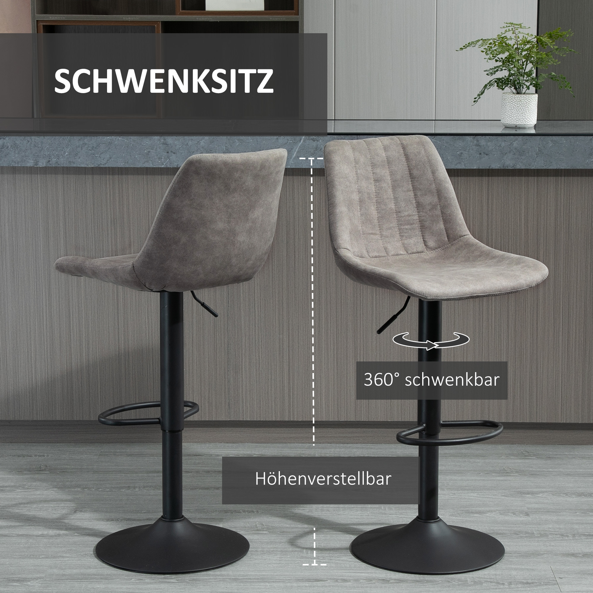 2er-Set Barhocker im Retrodesign, inkl, Fußstütze, höhenverstellbar, Gaslift, Grau + Schwarz