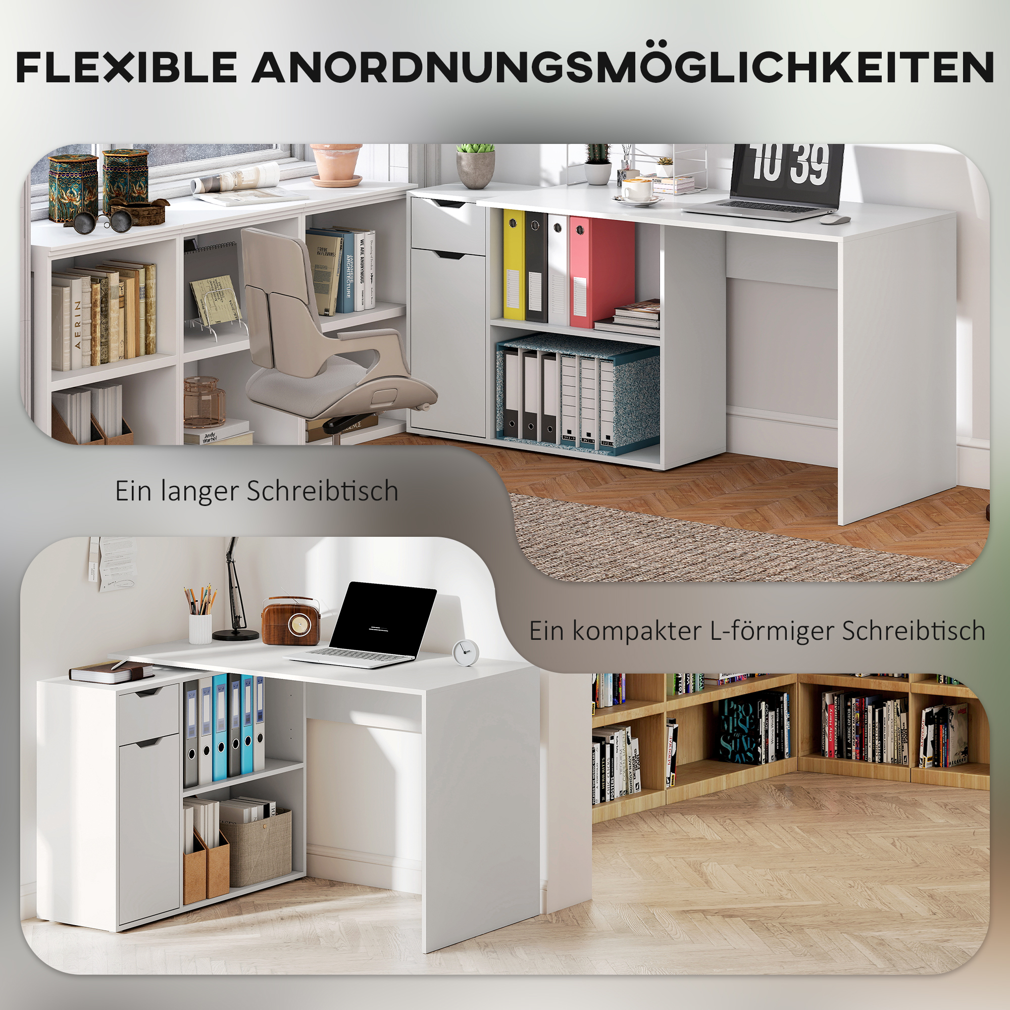Flexibler Schreibtisch, 2-stufiger Schrank, Schublade, offene Fächer, Holz, Weiß