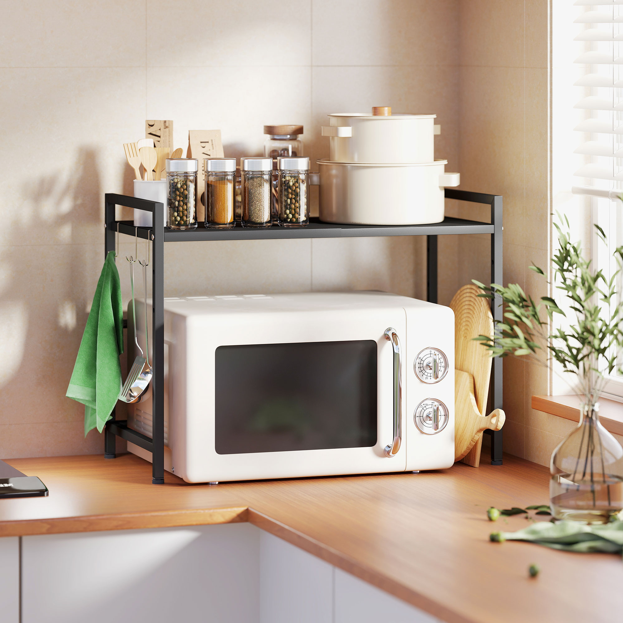Mikrowellenregal, 3 Haken, ausziehbar, Metall, 40 cm hoch, Schwarz