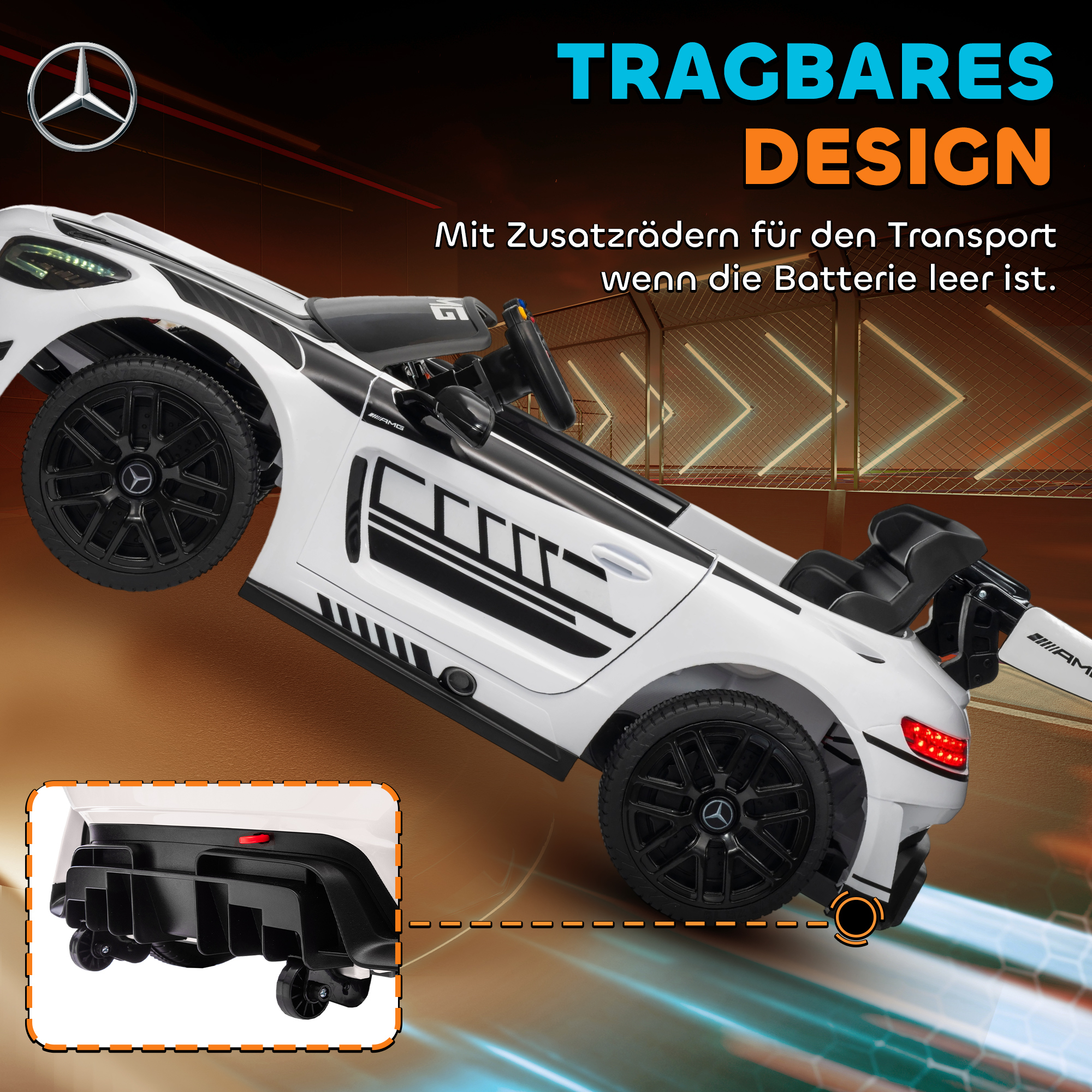 Mercedes-Elektroauto, Aufsitzauto für Kinder, 12V Batterie, LED-Lichter, Musikfunktion, Hupe, 3-8 Jahre, Weiß
