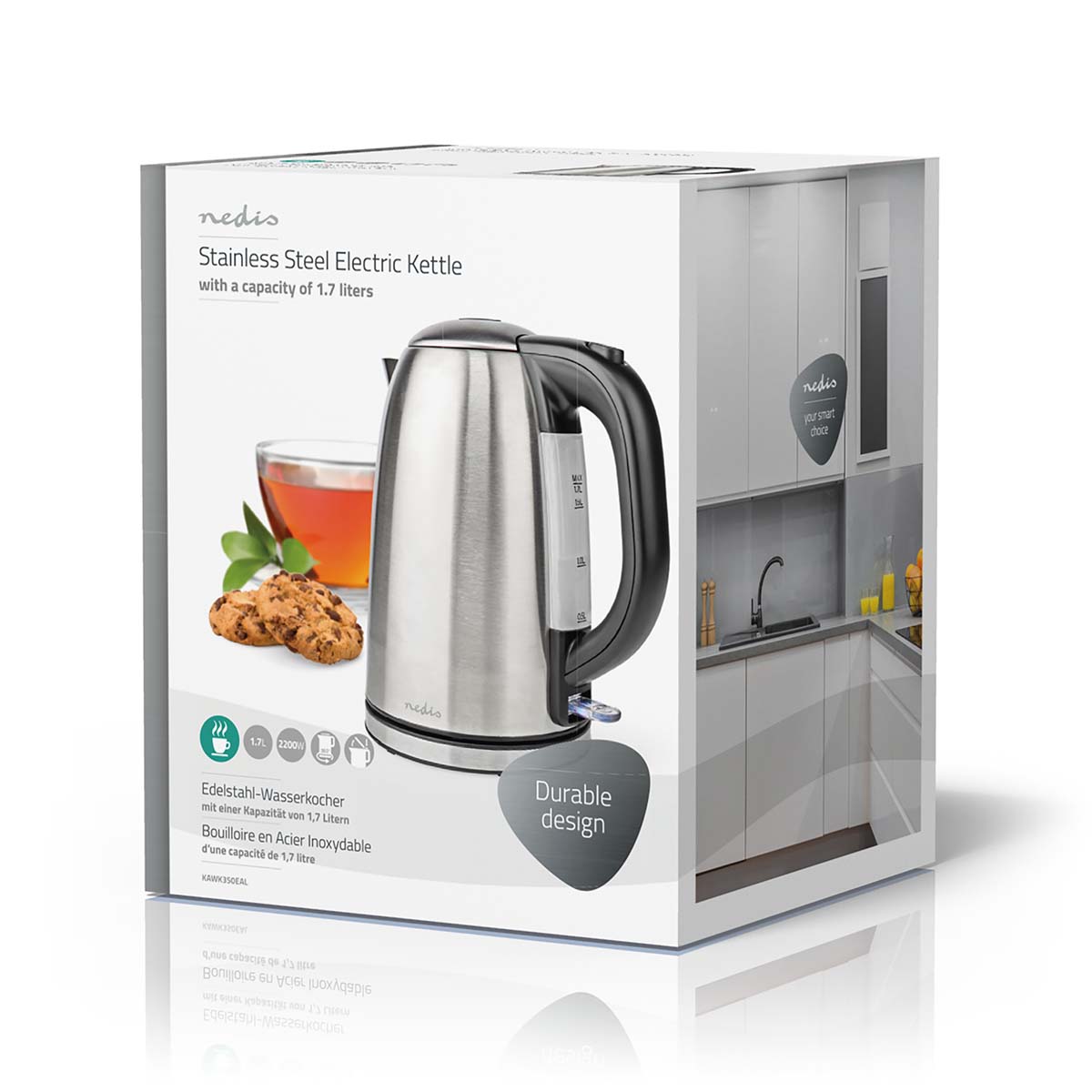 Wasserkocher | 1.7 l | Edelstahl | schwarz / Silber | Um 360 Grad drehbar | Verdecktes Heizelement | Strix Controller | Boil-dry protection