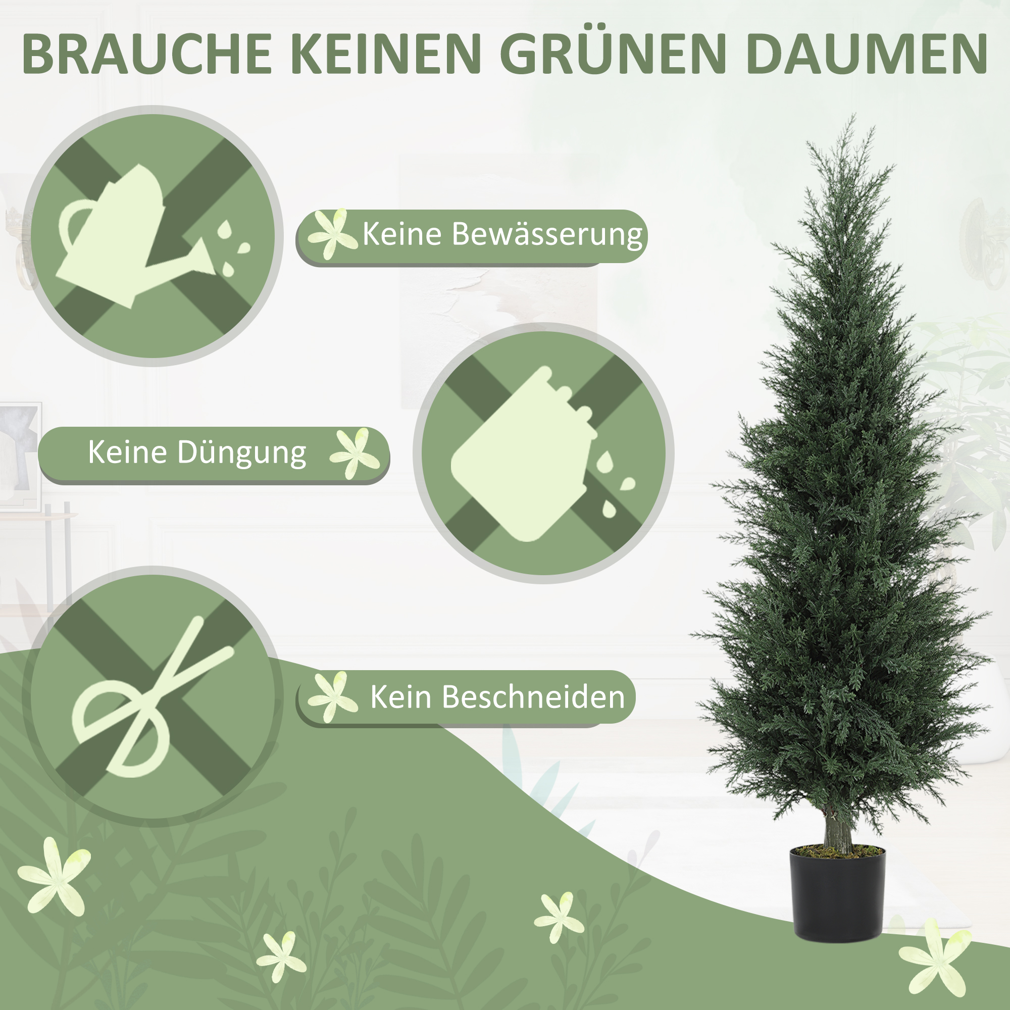 Zypressen-Kunstpflanze, 638 Kunststoff-Blätter, mit Topf, UV-beständig, Grün