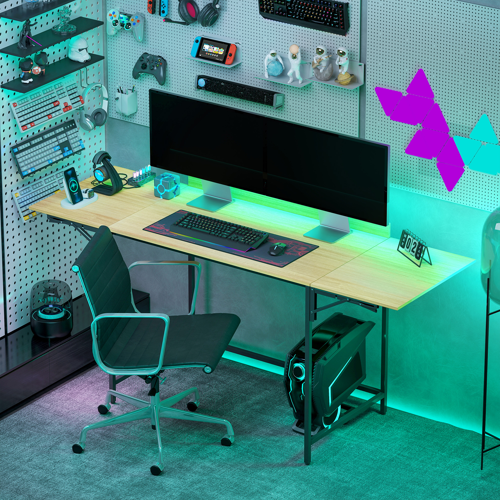 Klappbarer Computertisch mit 2 Ausziehplatten, viel Platz für Monitore, Metallbeine, robuste Konstruktion, Eiche+Schwarz