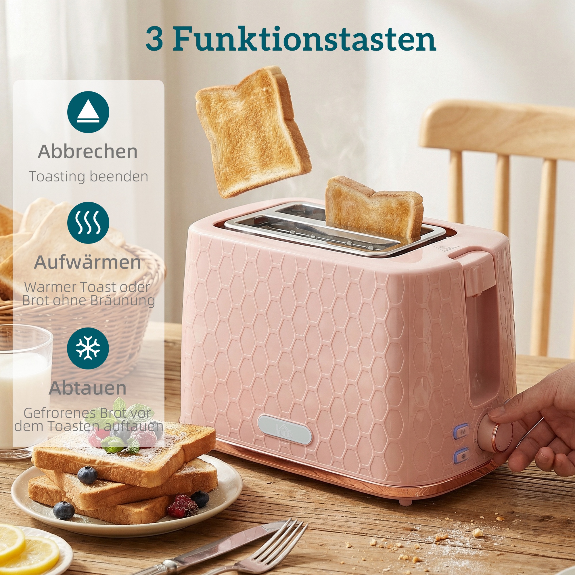 Wasserkocher- und Toaster-Set, 1,7L 2200W Schnellkoch-Wasserkocher mit automatischer Abschaltung und 2-Scheiben-Toaster mit Krümelschublade, Rosa