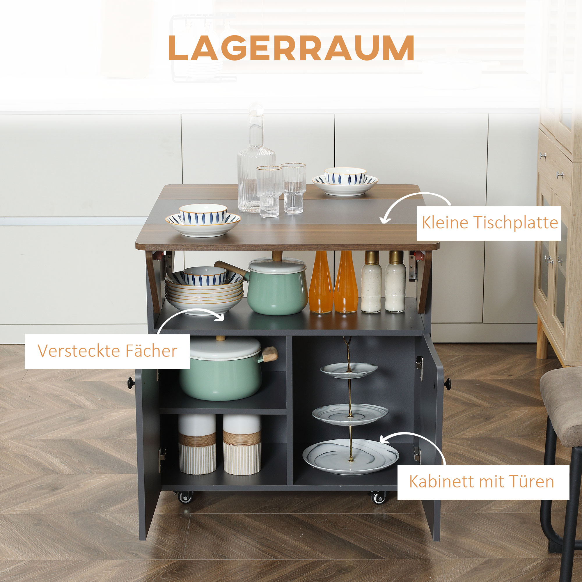 Klapptisch Rollschrank, zwei klappbare Tischseiten, Schrankfach, 4 Rollen, Hellgrau+Dunkelbraun, 70 x 83 x 75cm