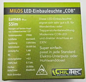 MILOS LED-Einbauleuchte "COB" weiß matt, 80x80mm, 3000k, warmweiß, 55Lumen