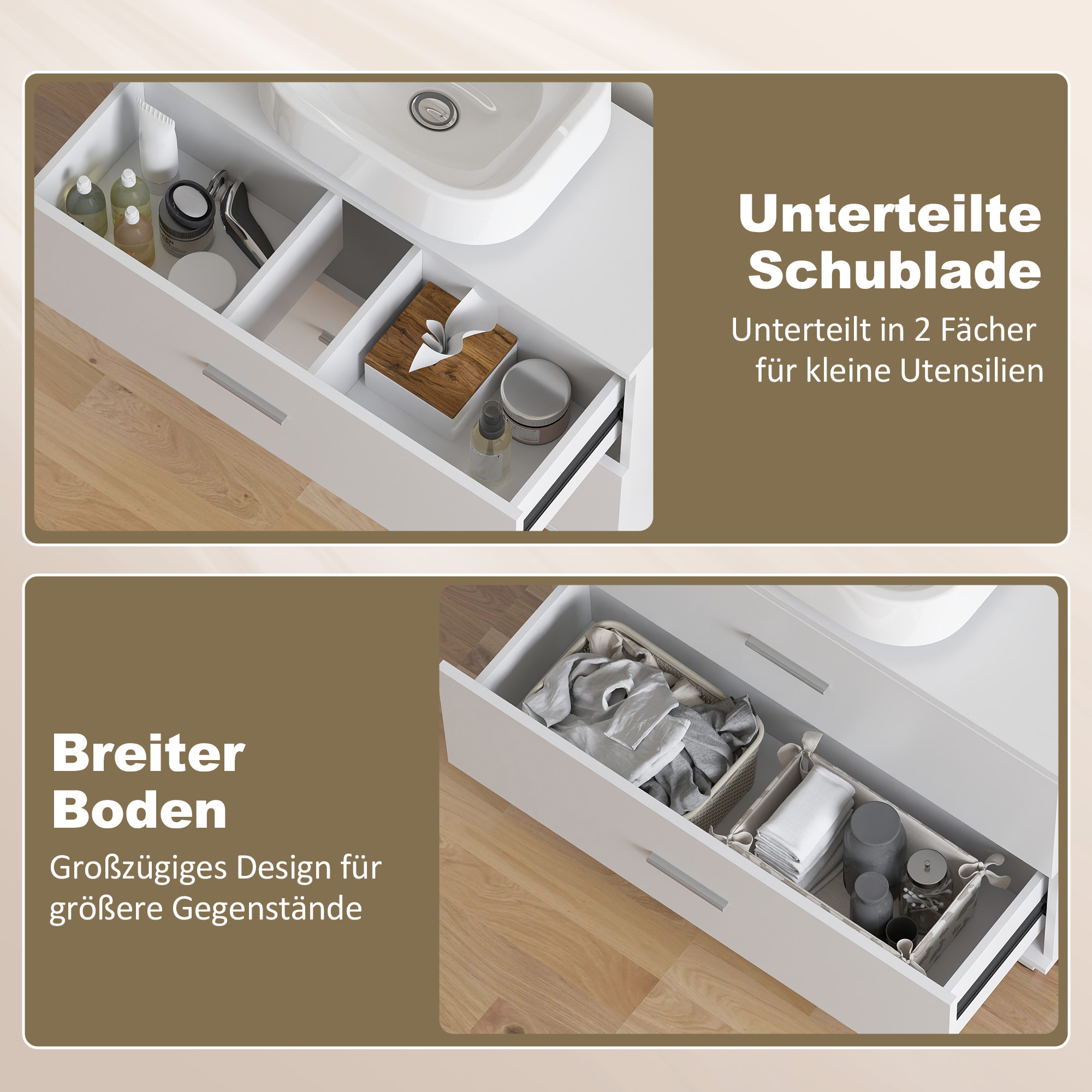 Moderner Badezimmer-Unterschrank mit 2 Schubladen, freistehender Unterschrank für Waschbecken ohne Sockel, Weiß