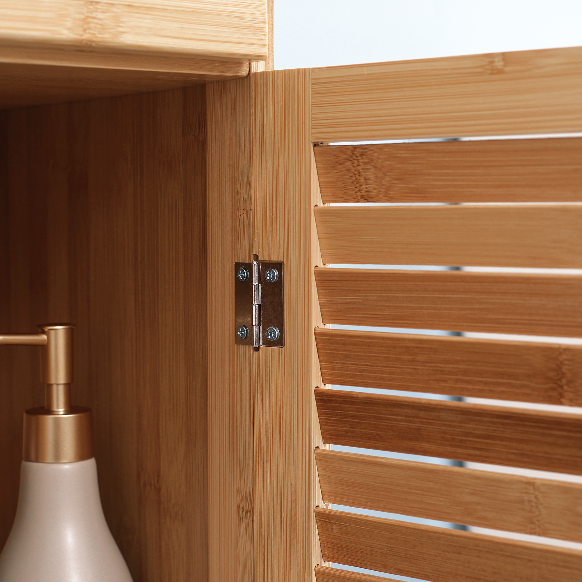 Badezimmerregal, 3 offene Fächer, Schublade, Lamellentür, Bambus, 32 x 30 x 163 cm