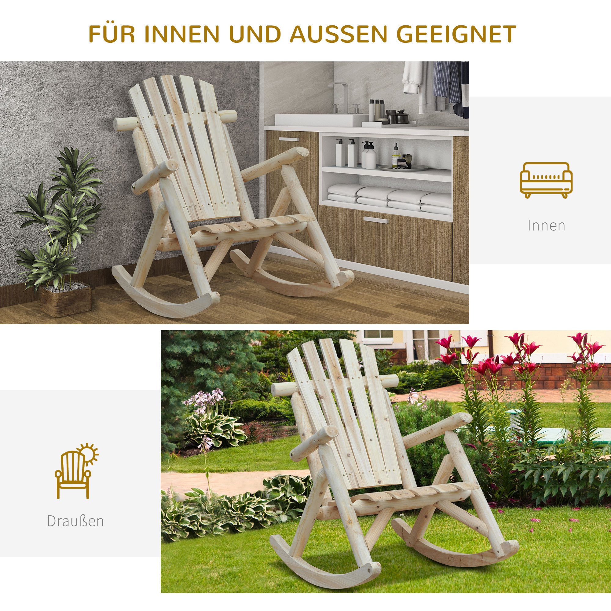 Schaukelstuhl aus Holz Schaukelsessel mit hoher Rückenlehne wetterfest Gartenstuhl bis 113kg belastbar Relaxstuhl für Wohnzimmer Garten, Rasen, Balkon Natur