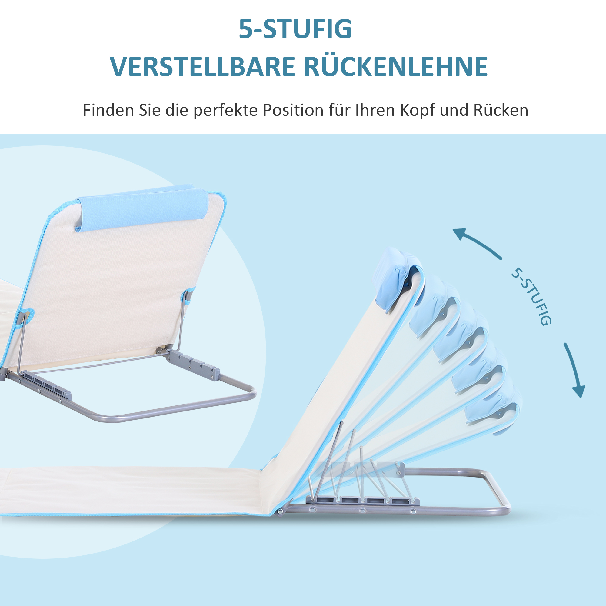 Strandliege Sonnenliege Gartenliege, klappbar, verstellbare Rücklehne, Seitentasche, 48 cm x 134 cm x 33-43 cm, Beige