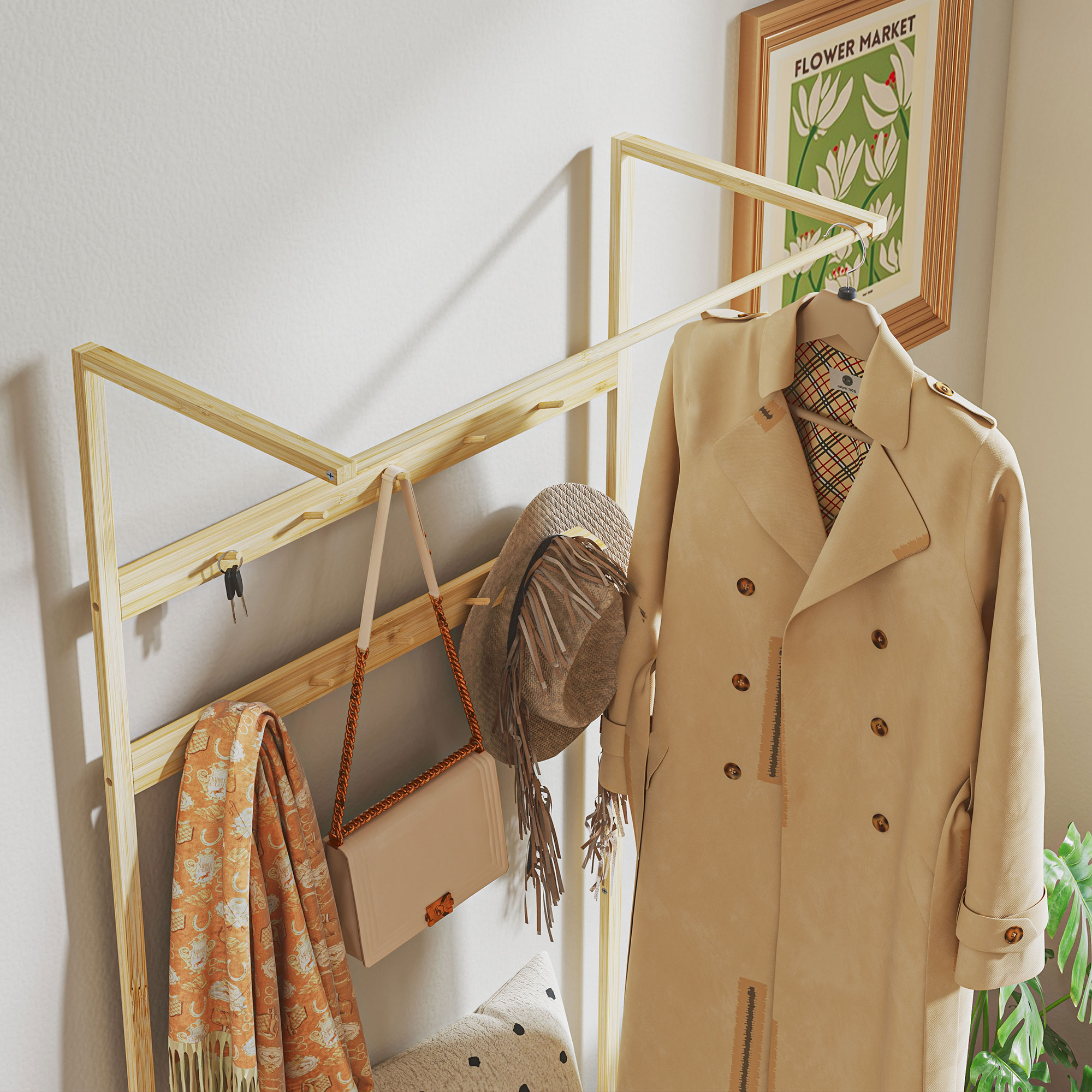 Garderobe mit Schuhbank, Kleiderstange, 10 Kleiderhaken, Schuhablage, Bambus