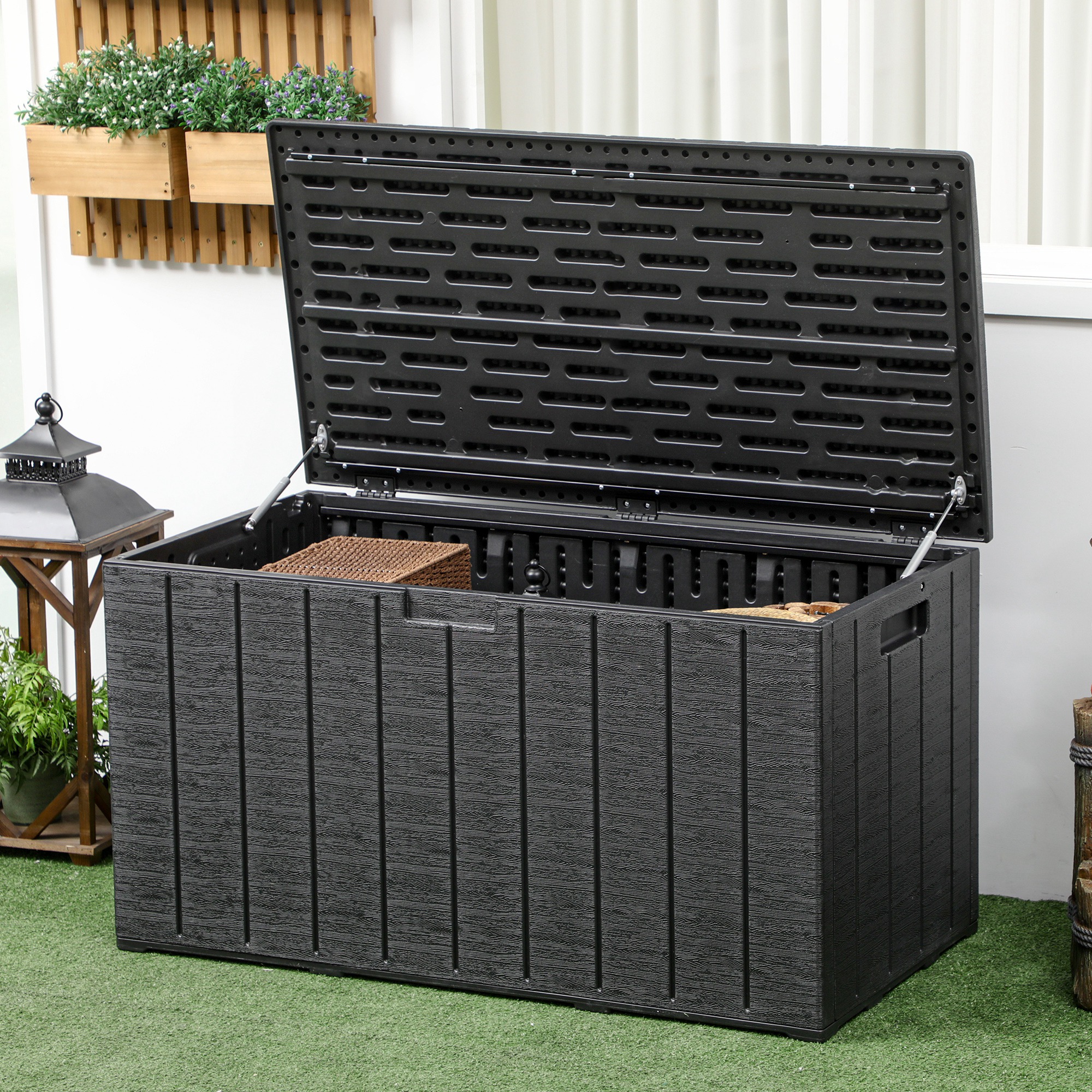 Gartenbox 366 Liter aus Kunststoff doppelwandiger Wasserdicht Kissenbox mit Rollen Griffmulden Holzoptik
