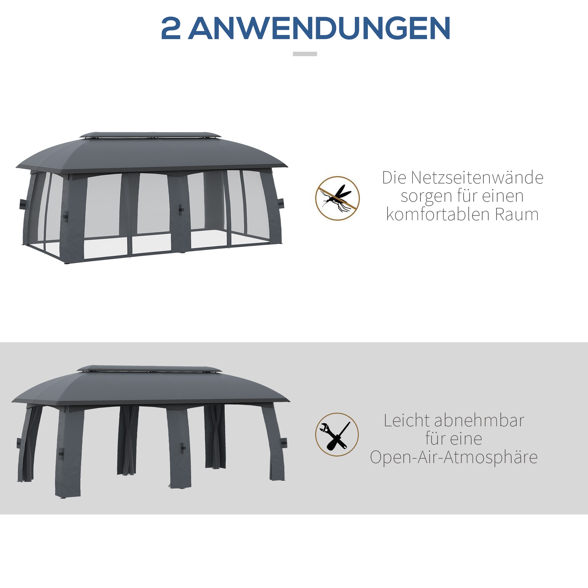 Pavillon, Partyzelt, mit Fliegennetzen, Winddach, bis 15 Personen, dunkelgrau, 3 x 6 x 3 m