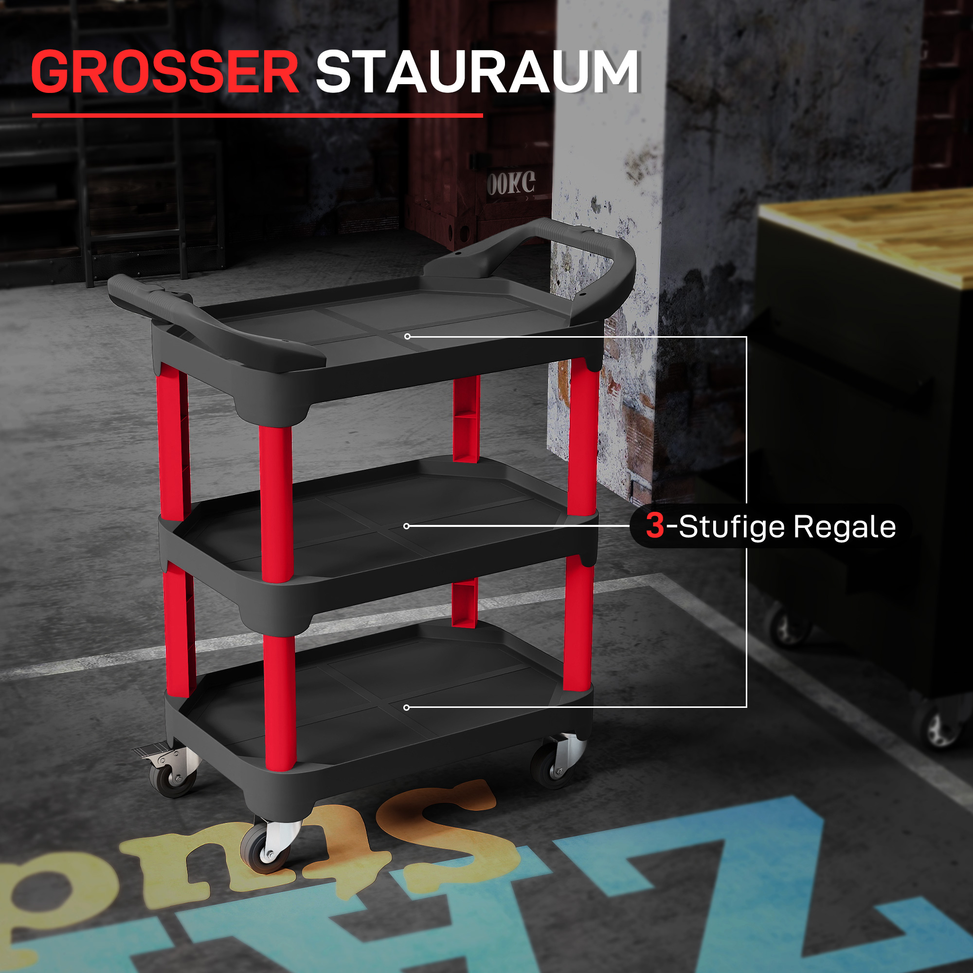 Werkzeugwagen mit 3 Ebenen, seitliche Griffe, Räder, Kunststoff, Schwarz