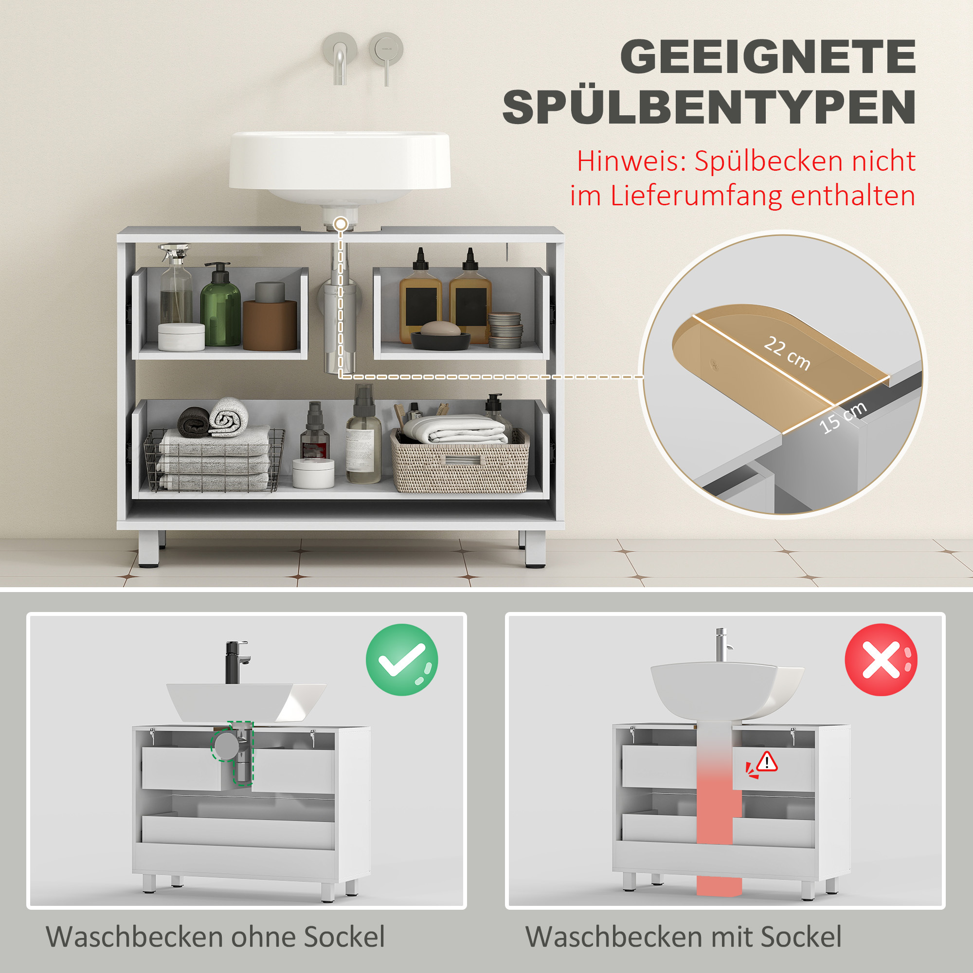 Moderner Badezimmer-Unterschrank mit 2 Schubladen, freistehender Unterschrank für Waschbecken ohne Sockel, Weiß