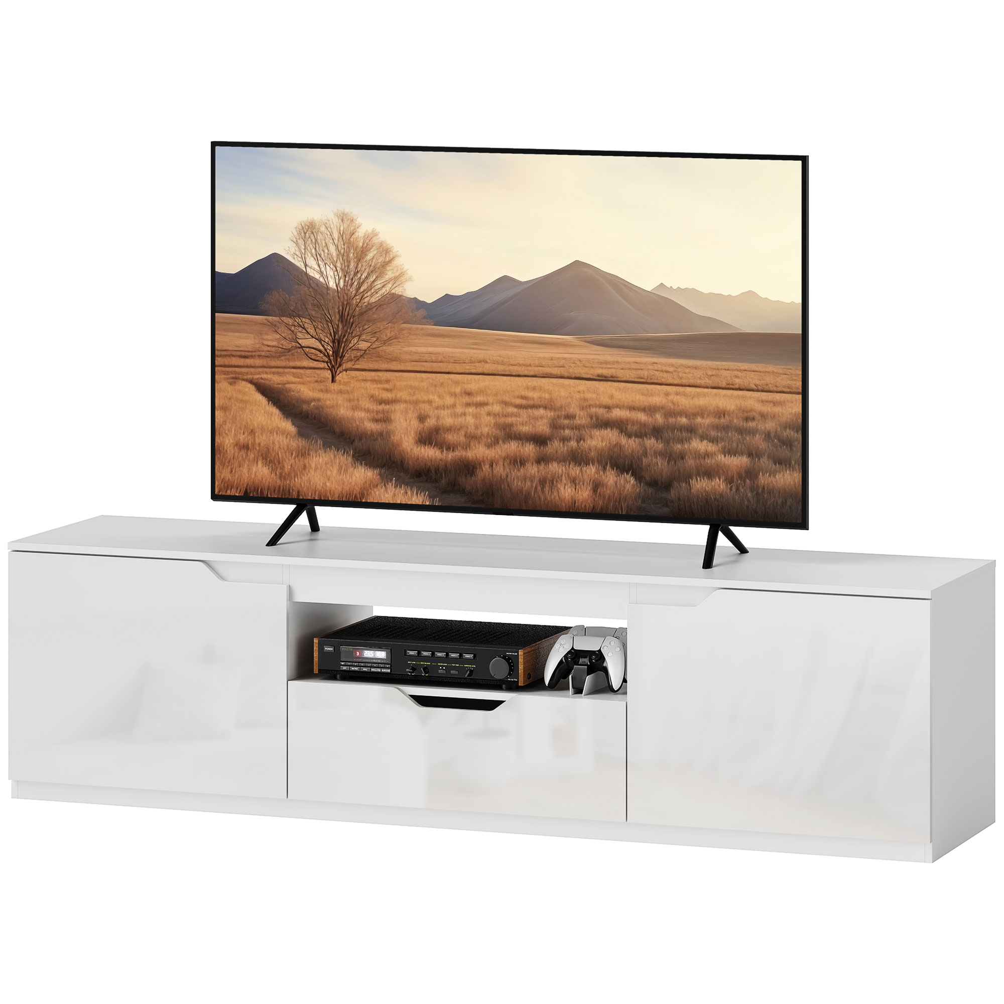 TV-Lowboard, Hochglanz, für Fernseher bis 65'', 3 Fächer, Schublade, 160 x 38 x 43 cm, Weiß