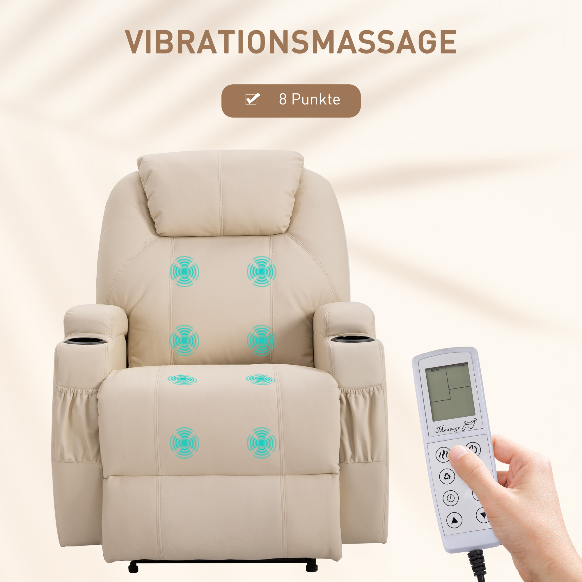 Fernsehsessel Elektrisch Relaxsessel mit Liegefunktion Aufstehhilfe Massage Massagesessel mit verstellbar Rückenlehne Seitentasche Getränkehalter TV Sessel bis 160kg für Wohnzimmer Cremeweiß