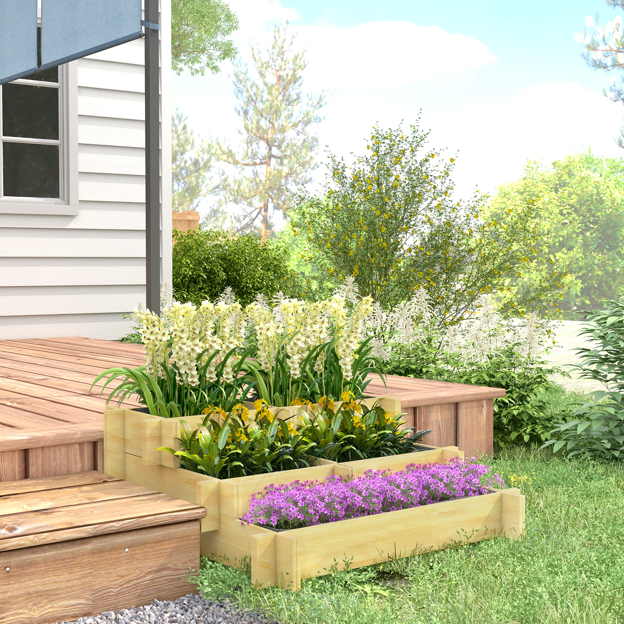 Hochbeet, Blumenkasten, 3-stufig, Drainageöffnung, Stoffauskleidung, Naturholz, 93 x 93 x 35 cm