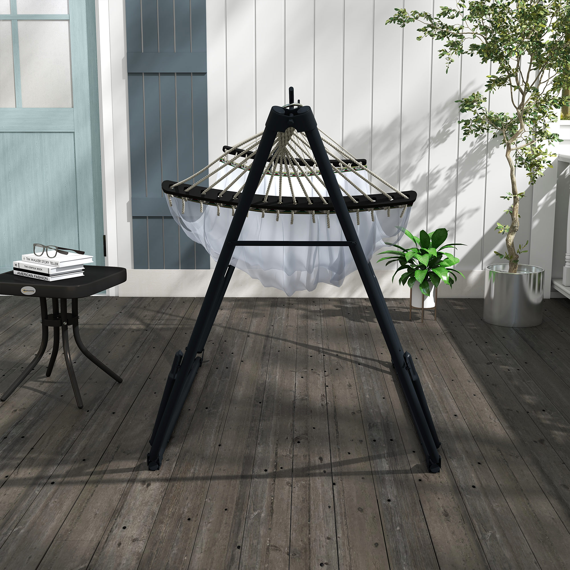 Hängemattengestell inkl. Hängematte Gestell für Hängematte, 263 cm x 89 cm x 100 cm, Schwarz + Weiß