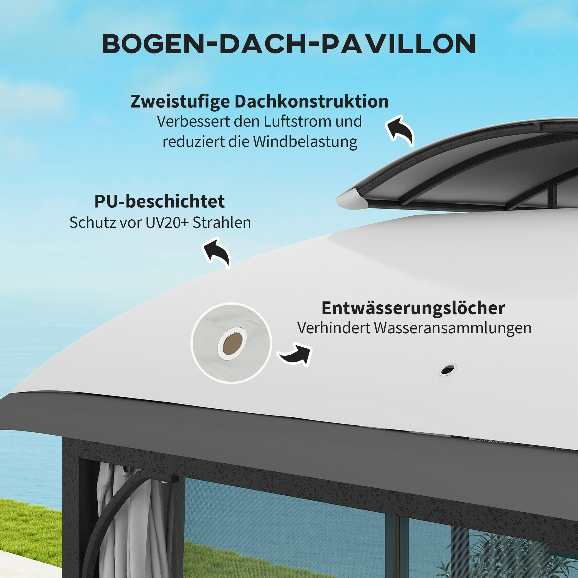 Gartenpavillon, 3,3 x 4 m Gartenzelt mit Netz-Vorhängen, zweistufiges Dach, Kunstleder-Bezug, Metallrahmen, Hellgrau