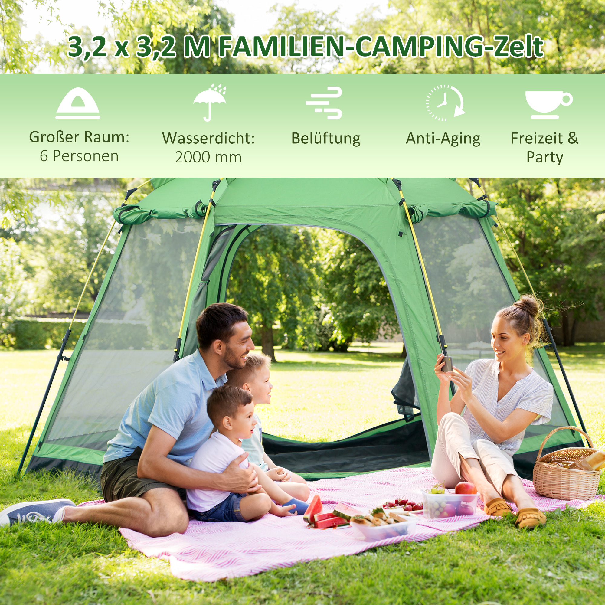 Camping Zelt 6 Personen Zelt Familienzelt Kuppelzelt Kunstleder2000mm einfache Einrichtung für Familien Trekking Festival Stahl Glasfaser Grün 320 x 320 x 180 cm
