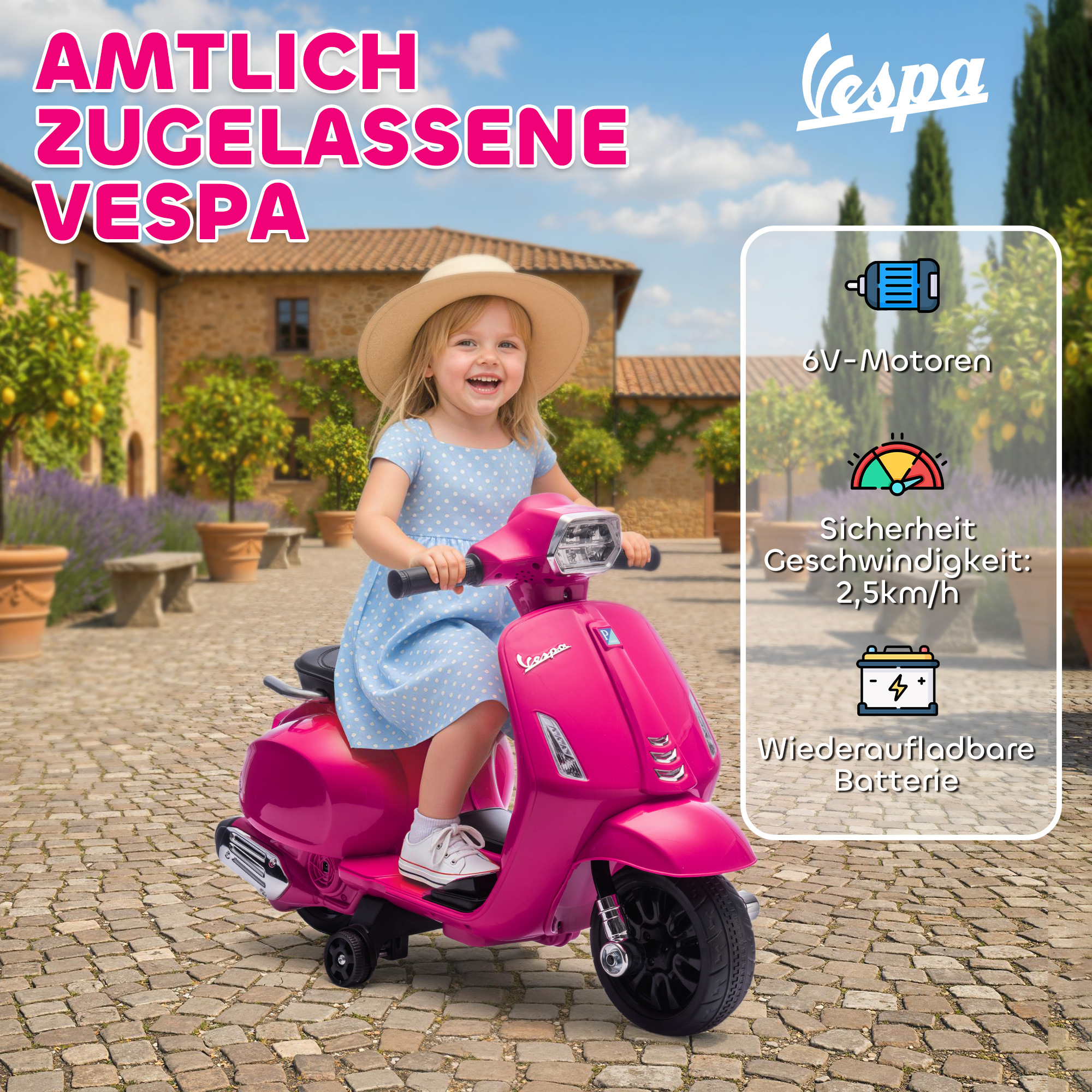 Elektro Motorrad Kinder Vespa 6V Elektromotorrad mit Stützrädern, Scheinwerfer, Hupe für 2-6 Jahre 71 x 37 x 52 cm Rosa