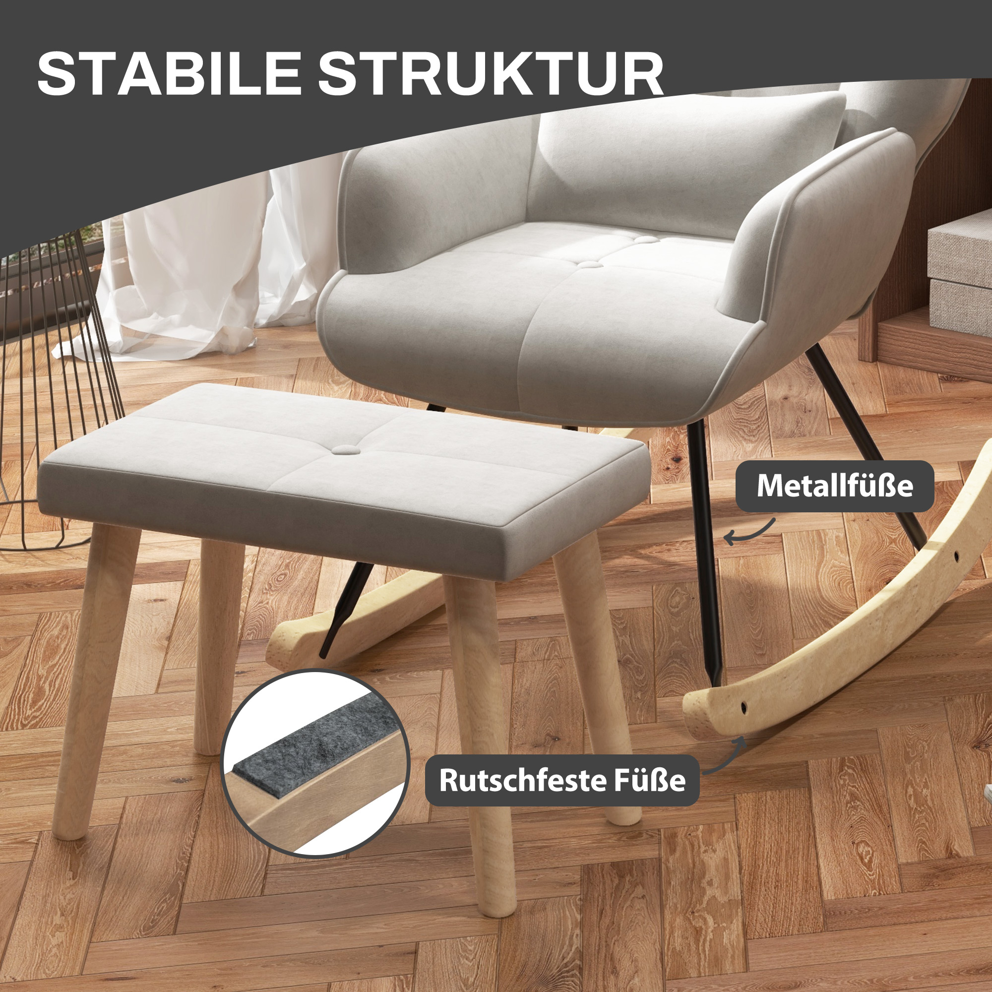 Schaukelsessel mit Hocker, gepolstert, hohe Rückenlehne, Samtoptik, bis 150 kg, Cremeweiß