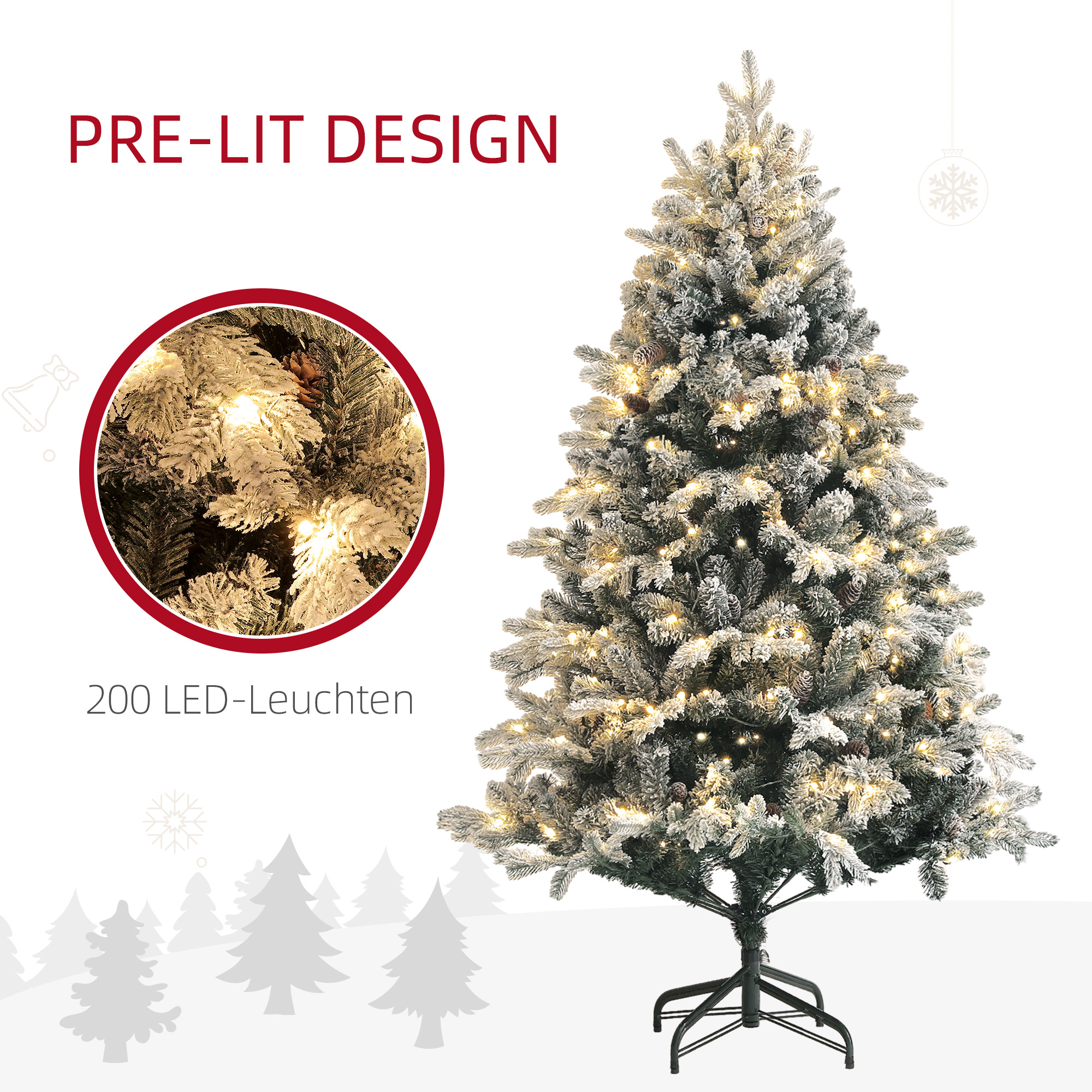 Weihnachtsbaum, 180 cm, LED-Lichter, schneebedeckt, flammenhemmend, Metall