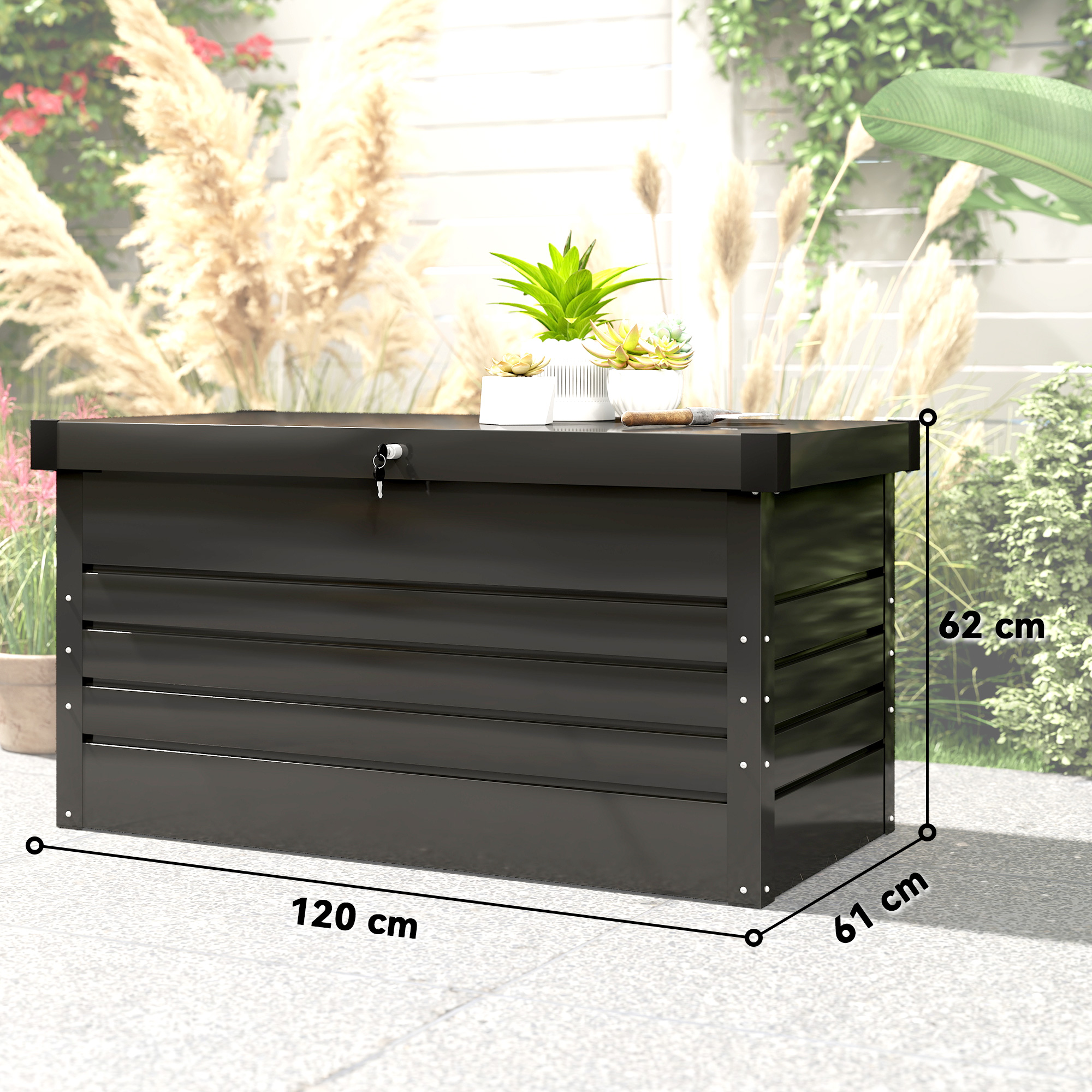 Gartenbox Metall 450L Kissenbox mit doppelwandig Deckel 120 x 61 x 62?cm Wasserdicht Abschließbar Grau