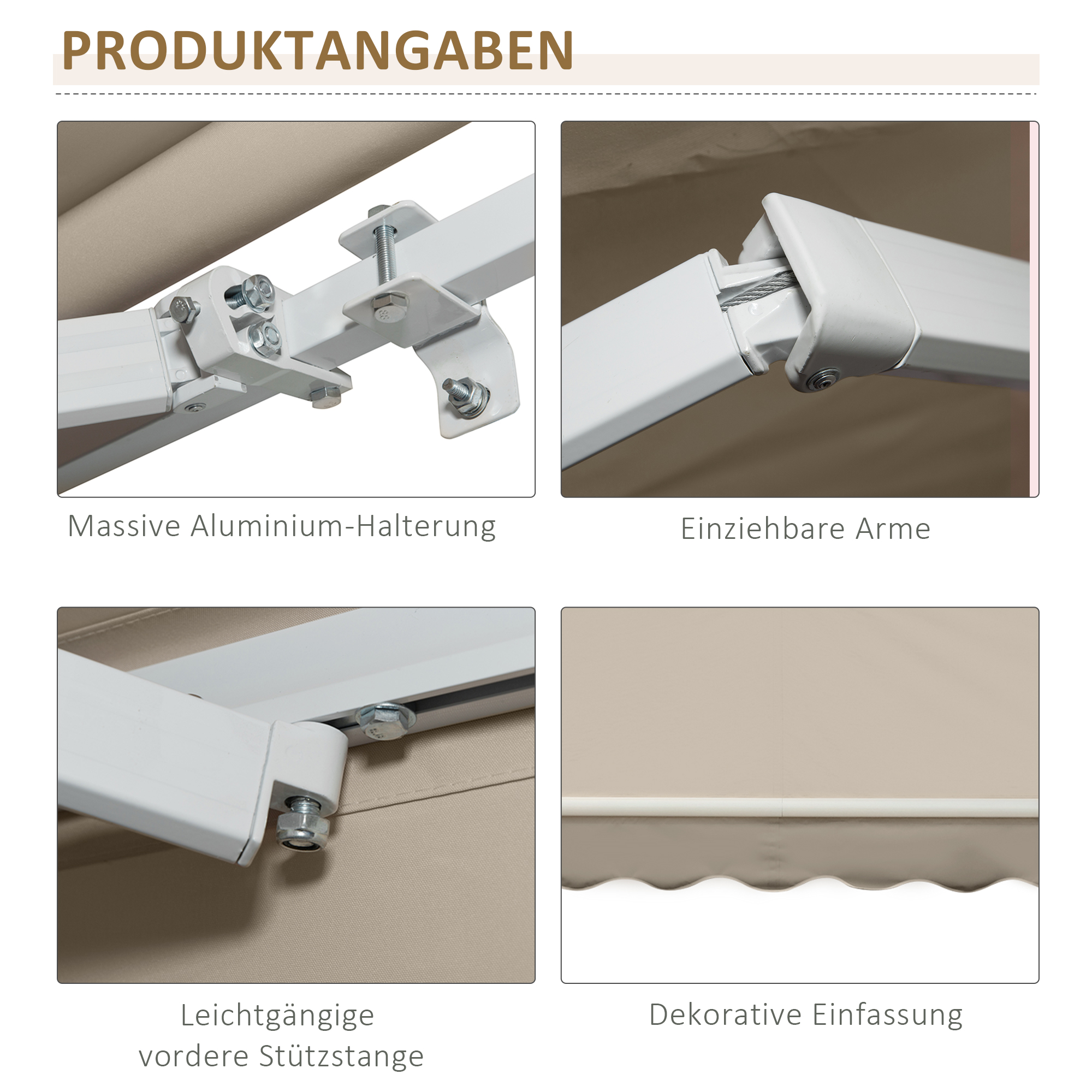 Markise, Sonnenschutz, einfahrbar, mit Handkurbel, Metallrahmen, Polyester, Weiß+Beige, 3,95 x 2,45 m