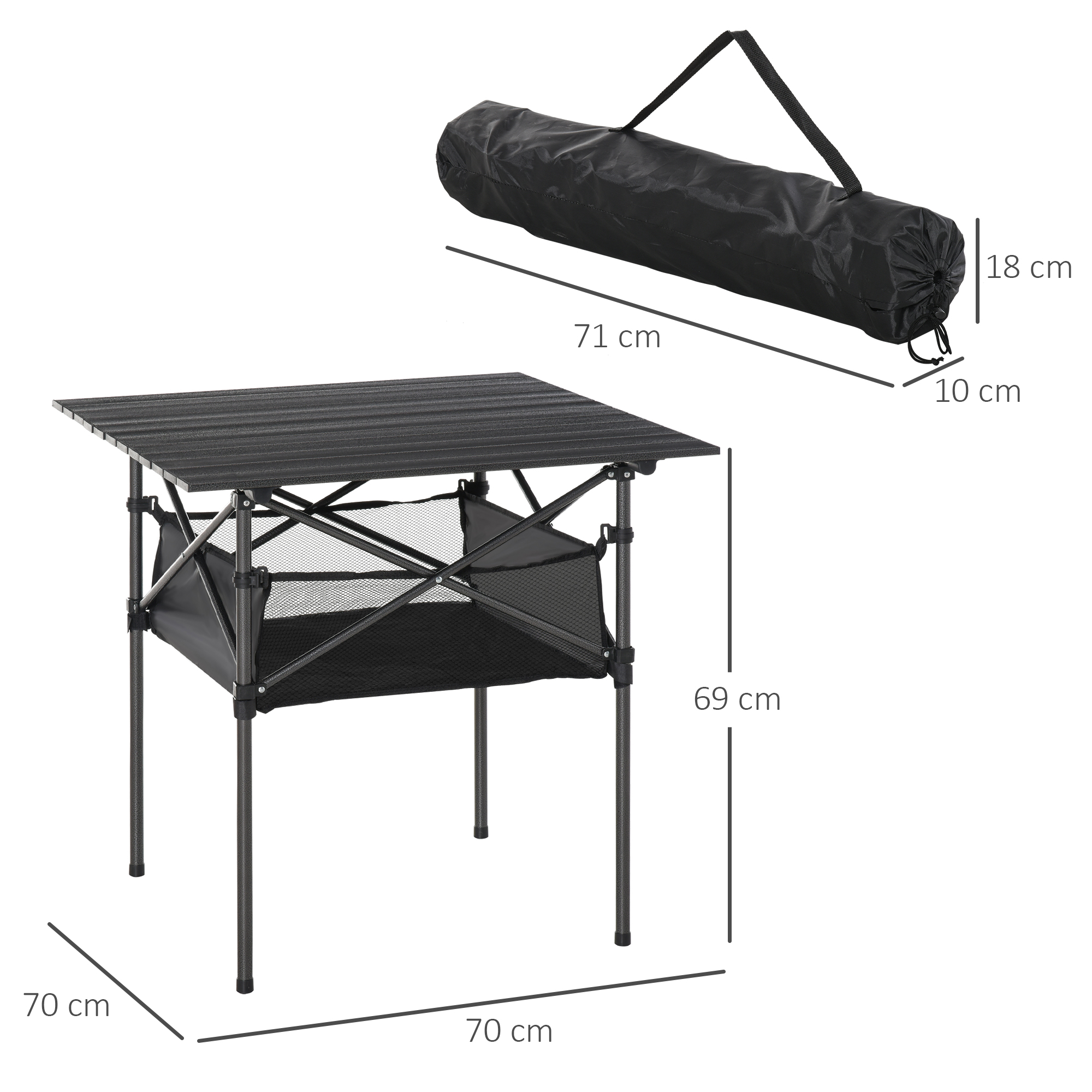 Campingtisch aus Aluminium faltbar Klapptisch Falttisch mit Netztasche tragbarer Picknicktisch für Camping Garten Party Picknick Balkon Schwarz 70 x 70 x 69 cm