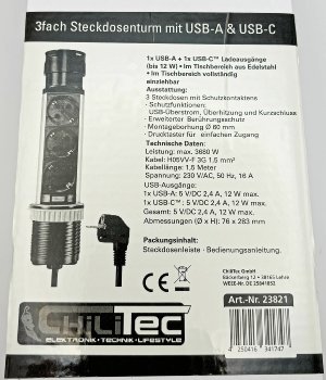 Schreibtisch-Einbausteckdose, rund Mini, versenkbar, Edelstahl, 3x Steckd,USB A+C