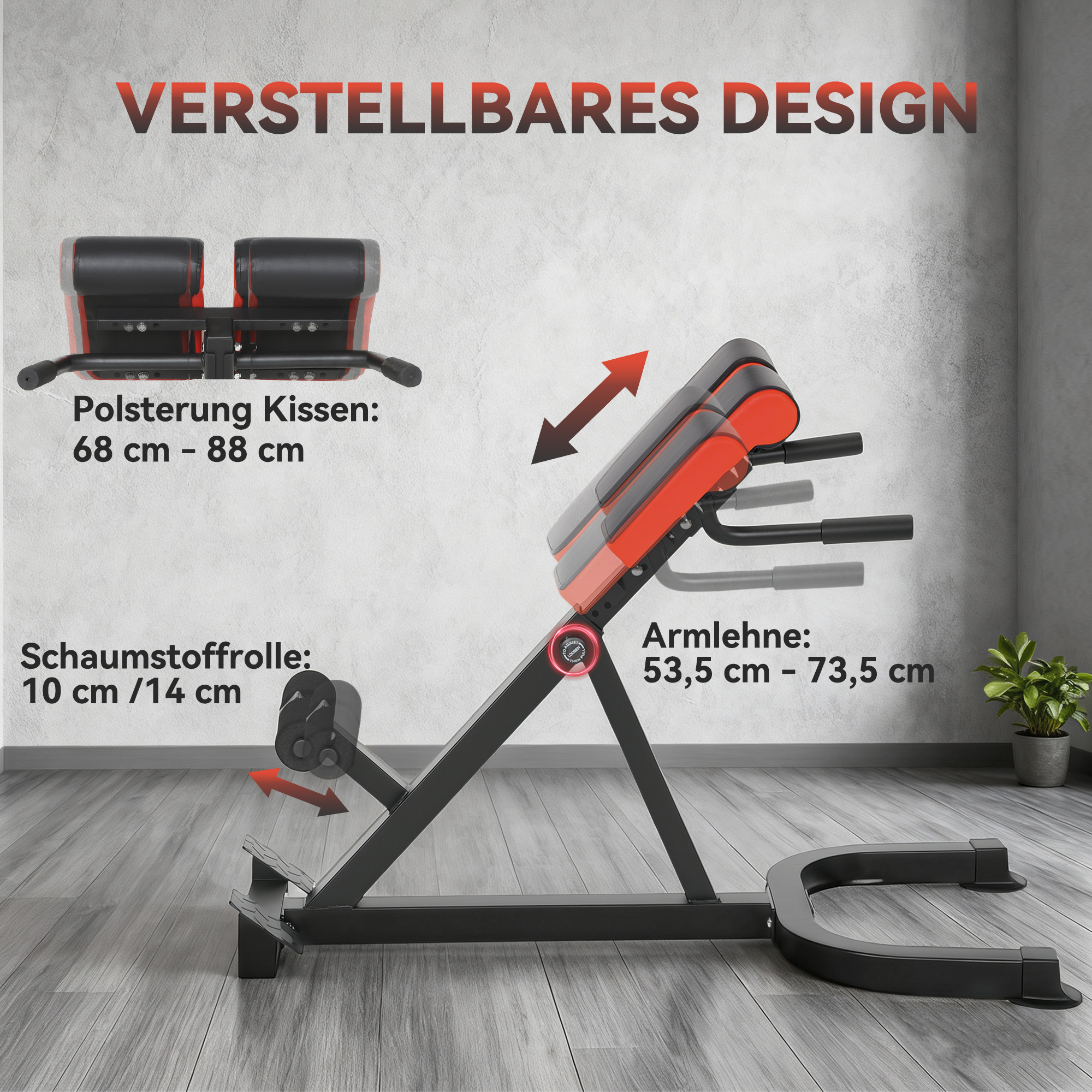 Trainingsstuhl, Fitnessbank, Hantelbank, Stahl, verstellbar, Griffe, Rot+Schwarz