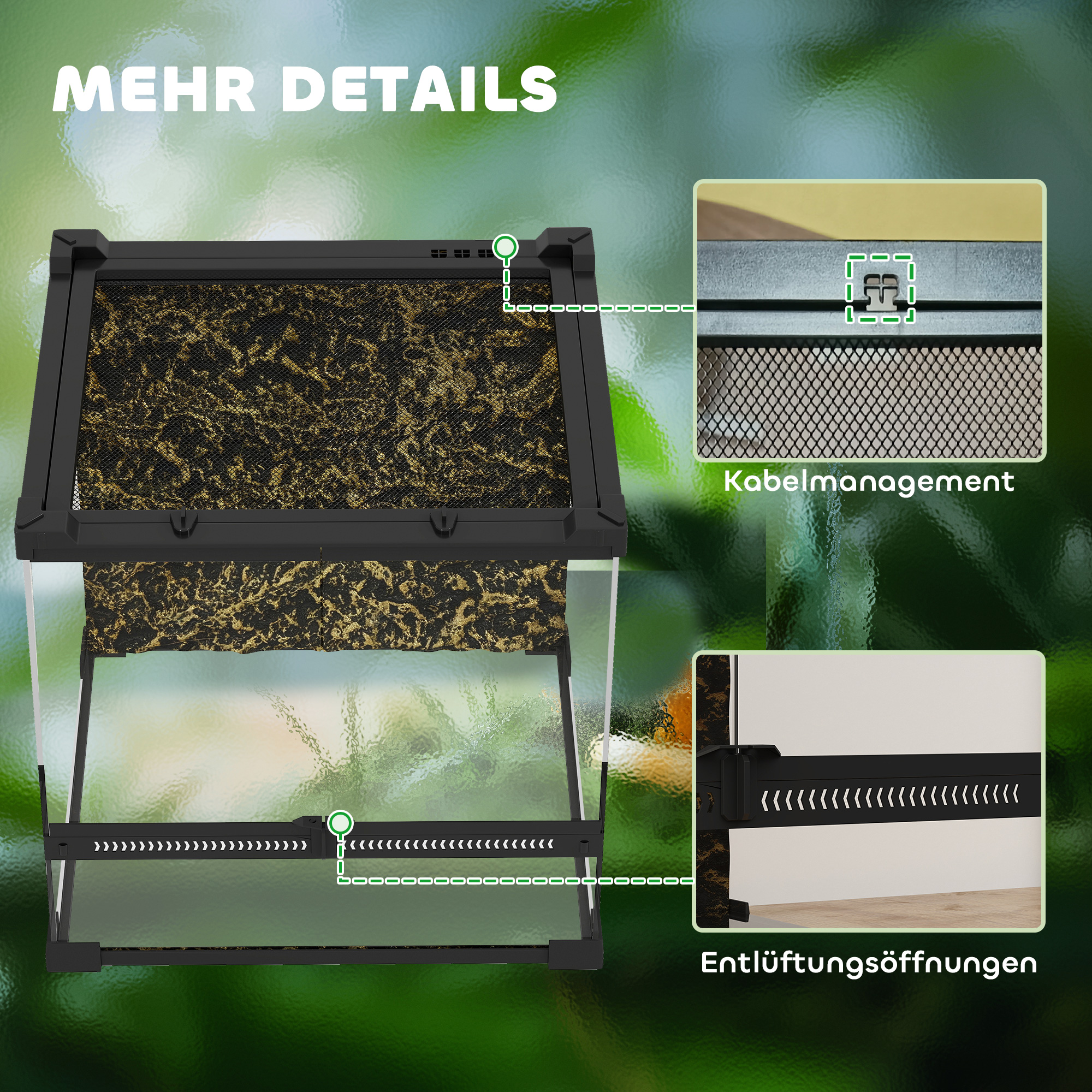 Glas-Terrarium für Reptilien, erhöhter & wasserdichter Boden, Knopfschloss