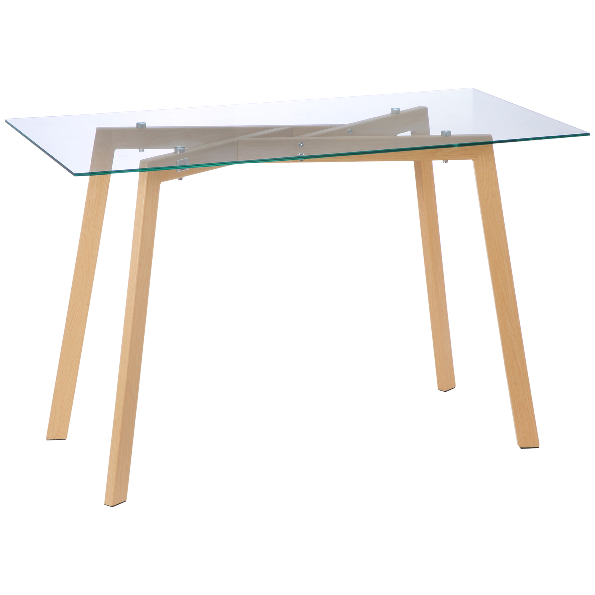 Esstisch für 4 Personen, Glasplatte, Stahlgestell, Holzoptik, 120L x 60B x 76H cm