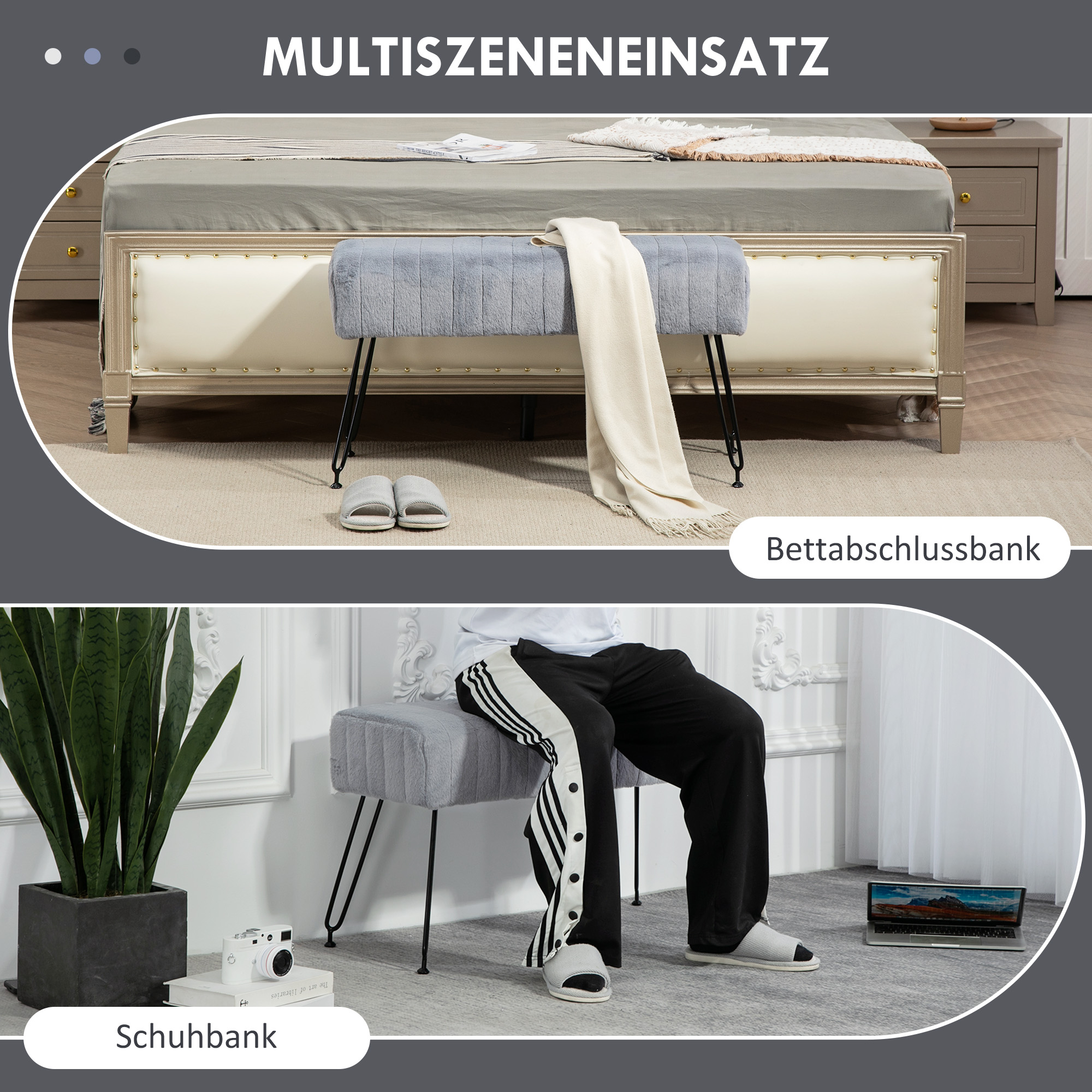 Sitzbank, gesteppter Sitz, Kunstfellbezug, Metallbeine, bis 120 kg, 82x30x47 cm, Grau/Schwarz