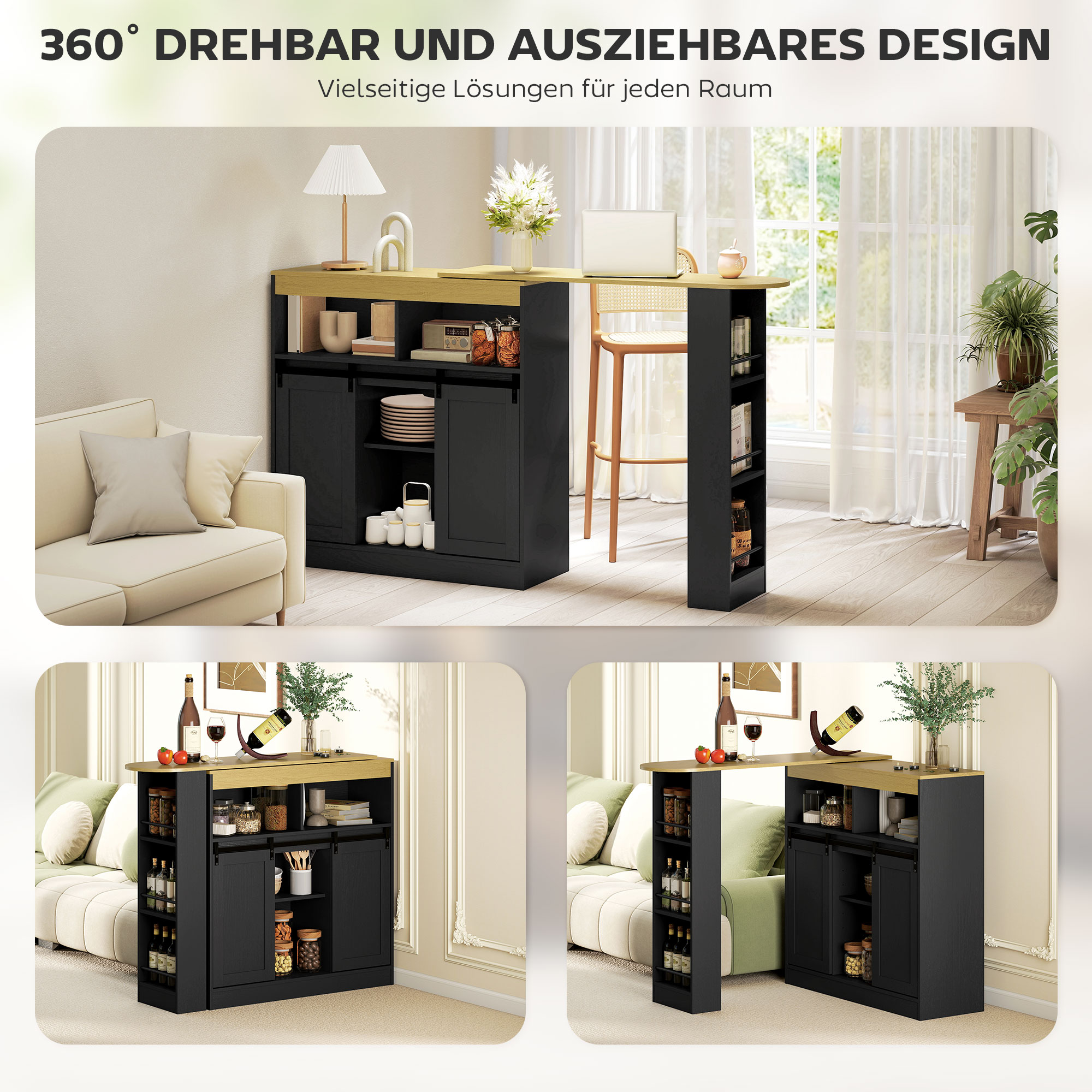 Ausziehbarer Bartisch, zu L-Form umwandelbar, viel Stauraum, 3 verstellbare Regale, Spanplatte, MDF, Schwarz